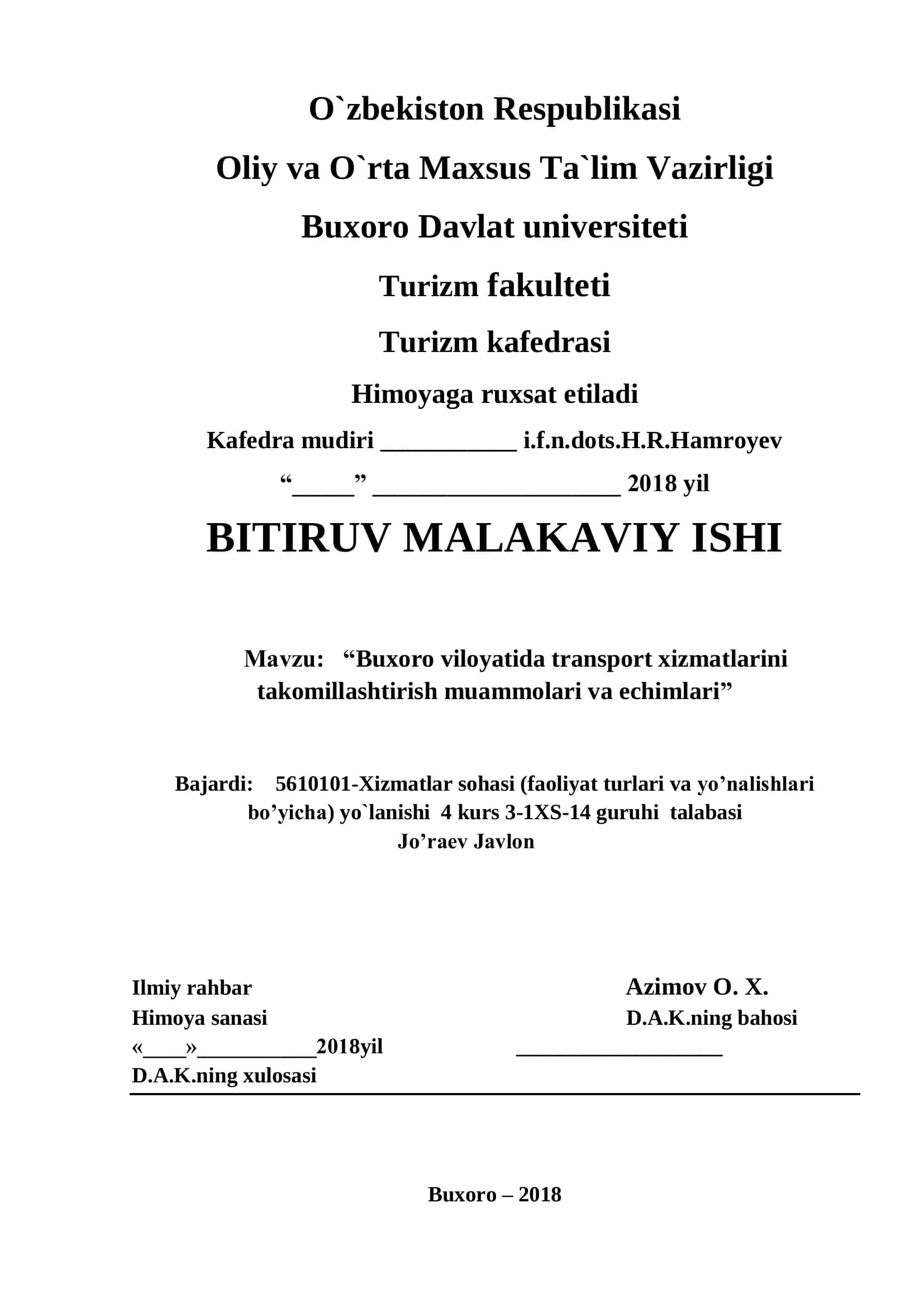 Buxoro viloyatida transport xizmatlarini takomillashtirish muammolari va echimlari