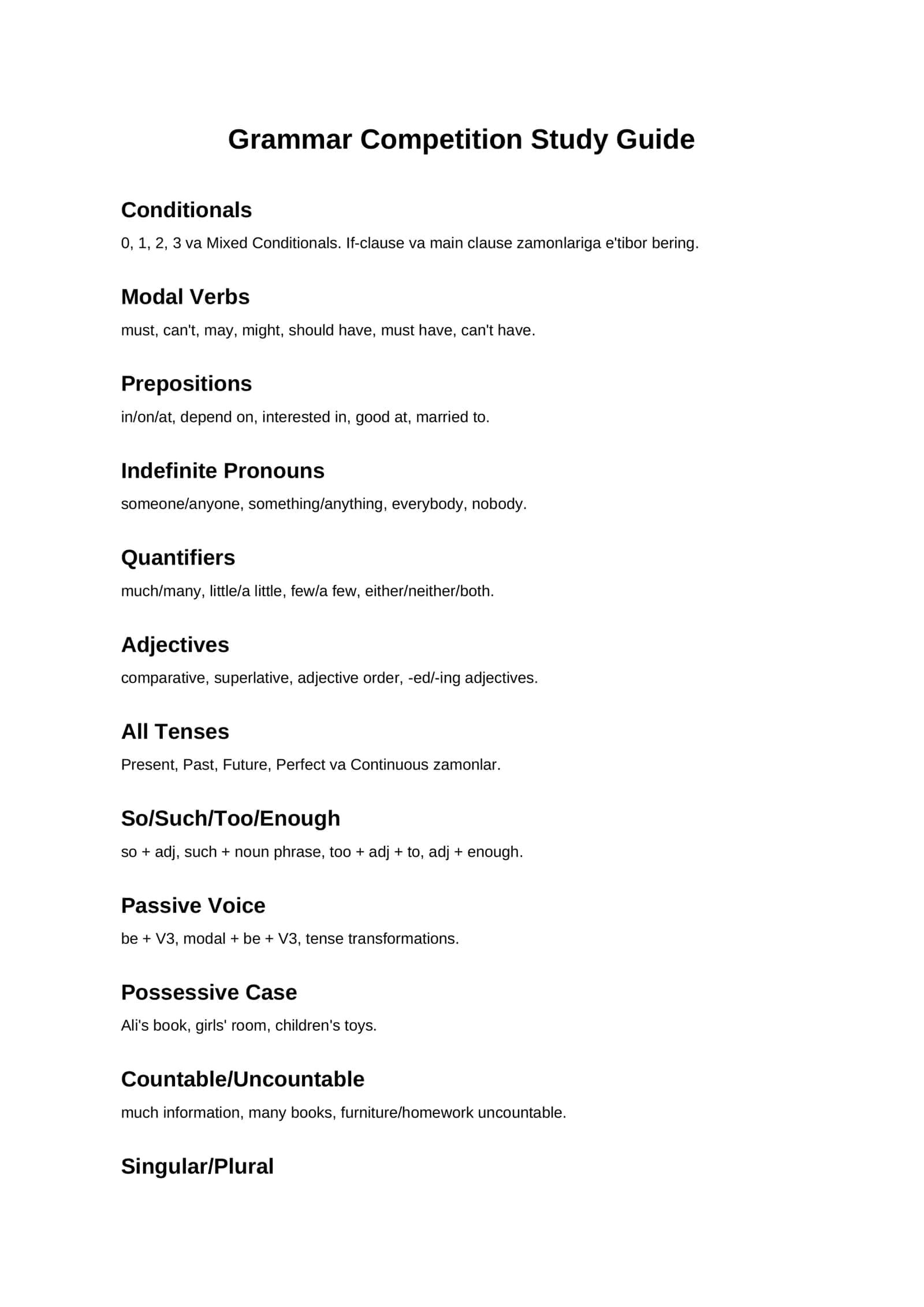 Grammar Competition Study Guide
