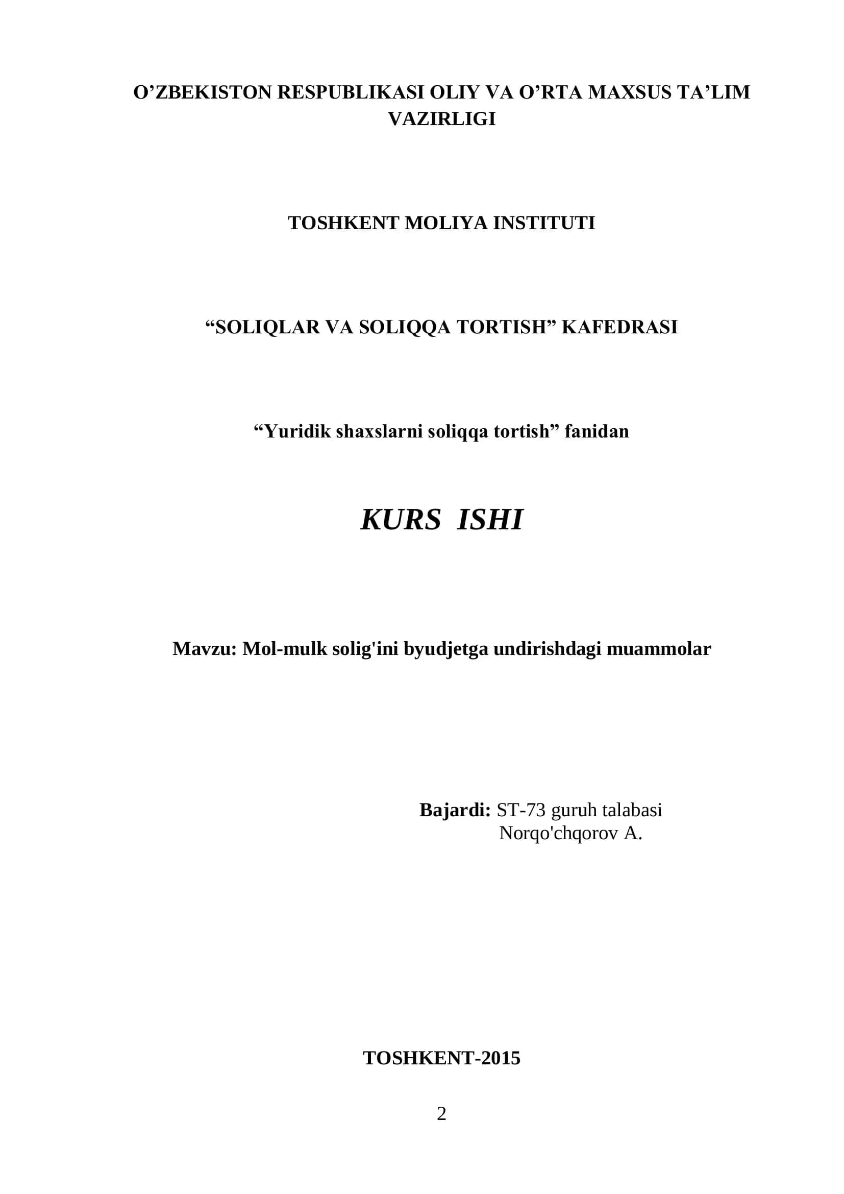 Mol-mulk solig'ini byudjetga undirishdagi muammolar