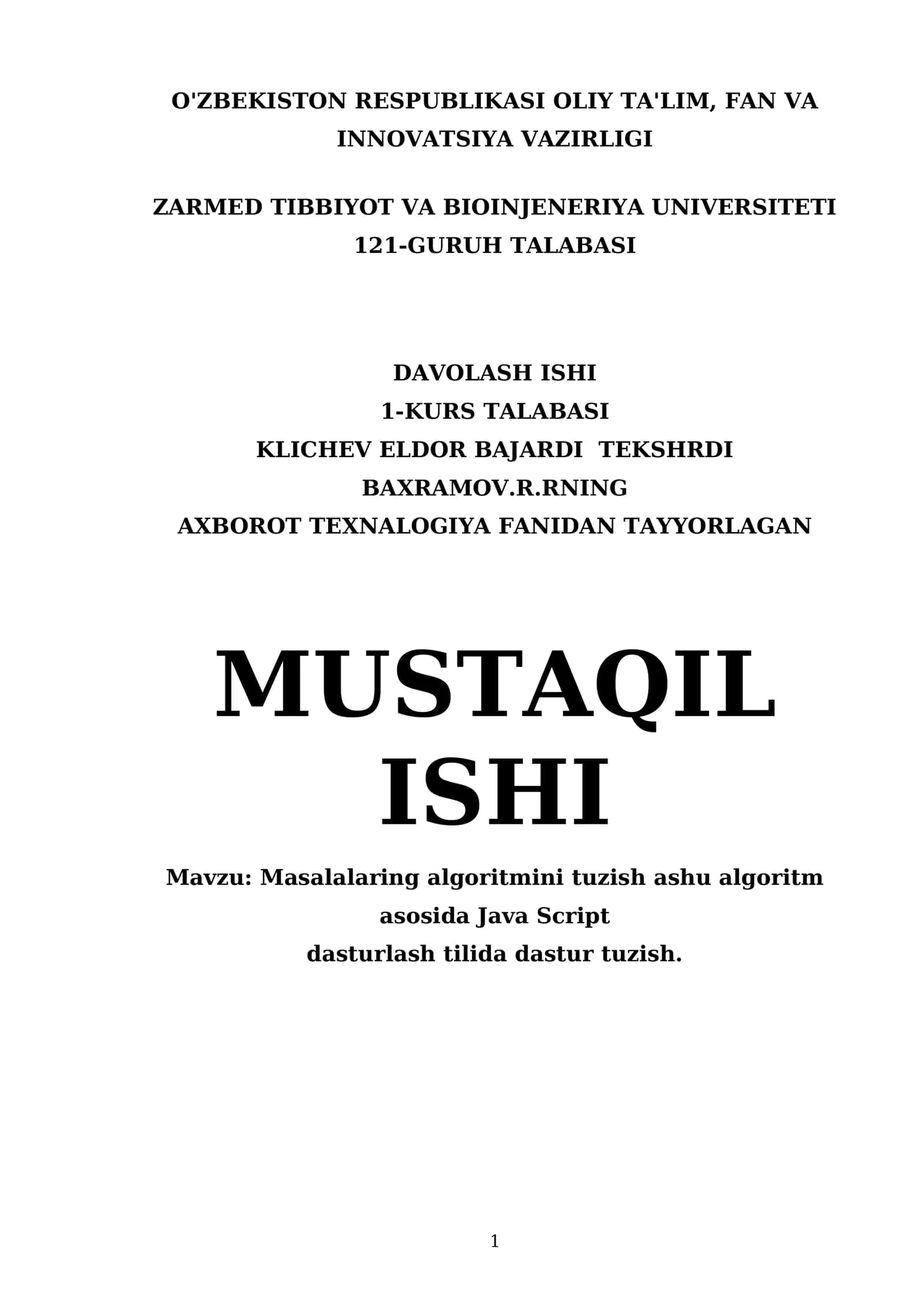 Masalalaring algoritmini tuzish ashu algoritm asosida Java Script dasturlash tilida dastur tuzish