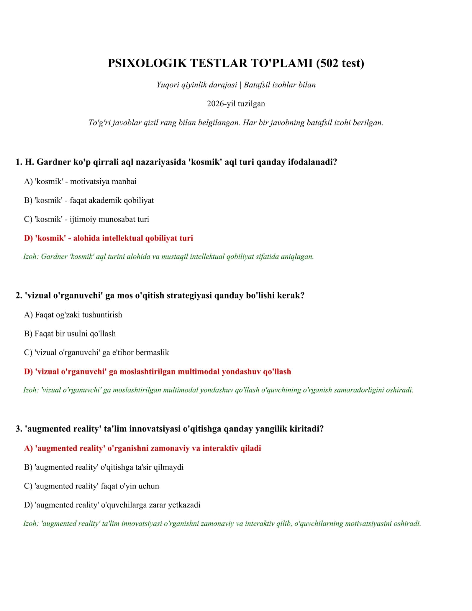 PSIXOLOGIK TESTLAR TO'PLAMI (502 test)