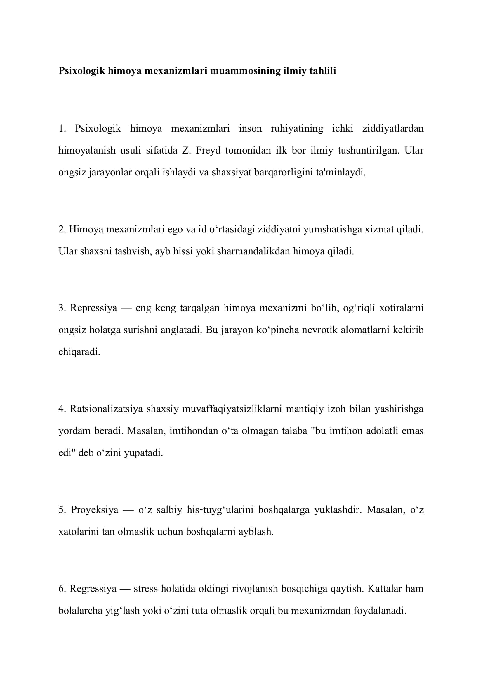 Psixologik himoya mexanizmlari muammosining ilmiy tahlili