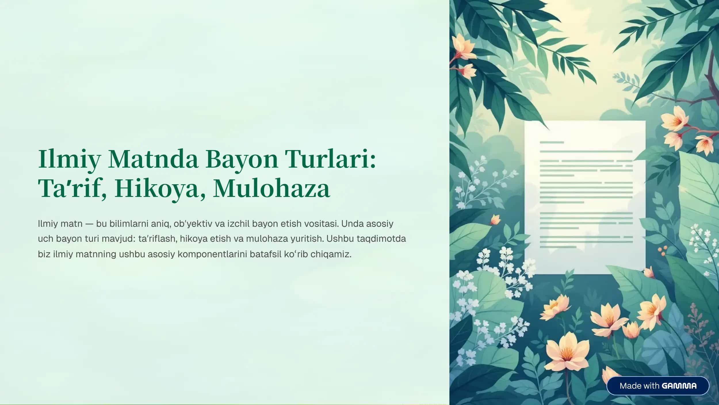 Ilmiy Matnda Bayon Turlari: Ta¾rif, Hikoya, Mulohaza