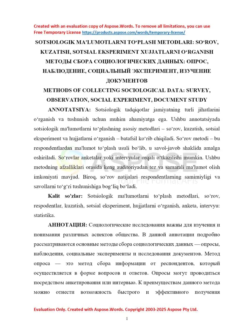 SOTSIOLOGIK MA'LUMOTLARNI TO‘PLASH METODLARI SO‘ROV, KUZATISH, SOTSIAL EKSPERIMENT XUJJATLARNI O‘RGANISH