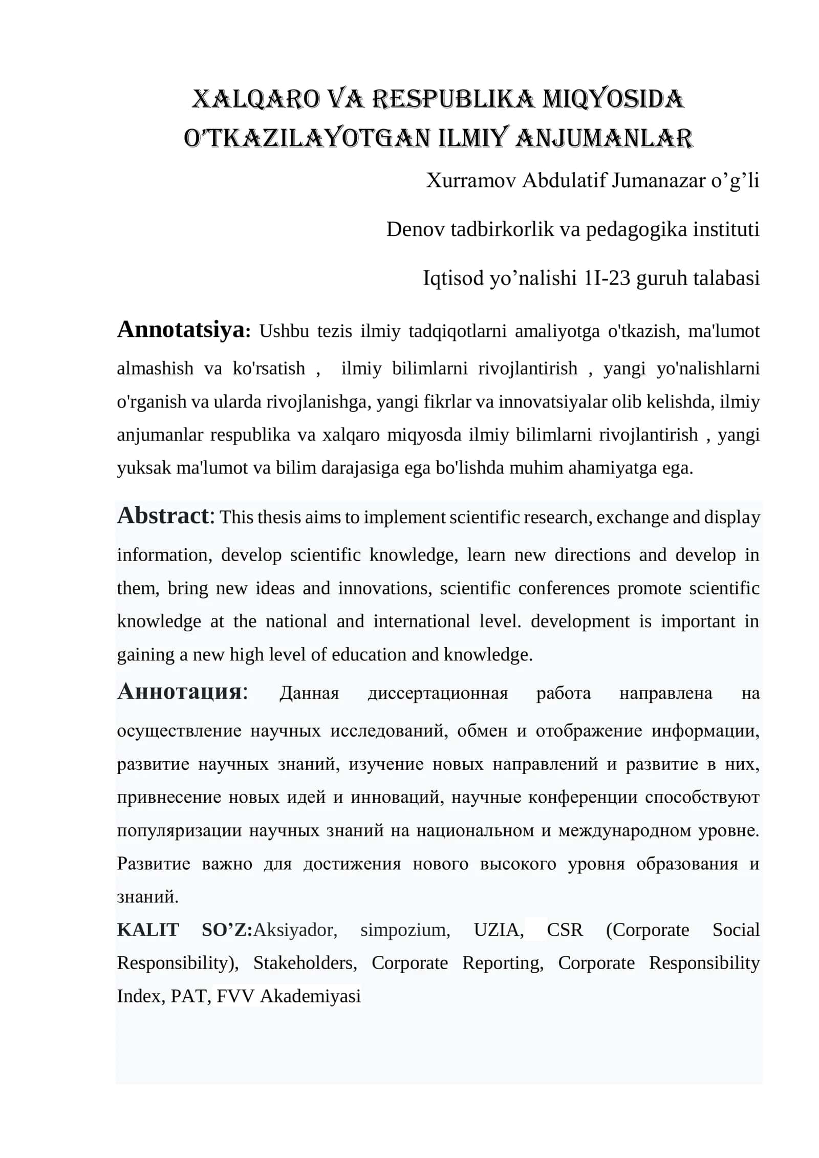 XALQARO VA RESPUBLIKA MIQYOSIDA O’TKAZILAYOTGAN ILMIY ANJUMANLAR