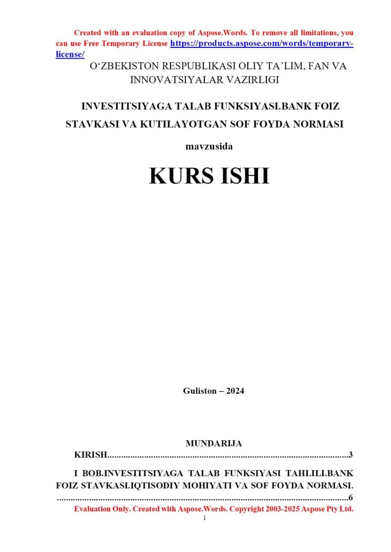 Investitsiyaga talab funktsiyasi. Bank foiz stavkasi va kutilayotgan sof foyda normasi