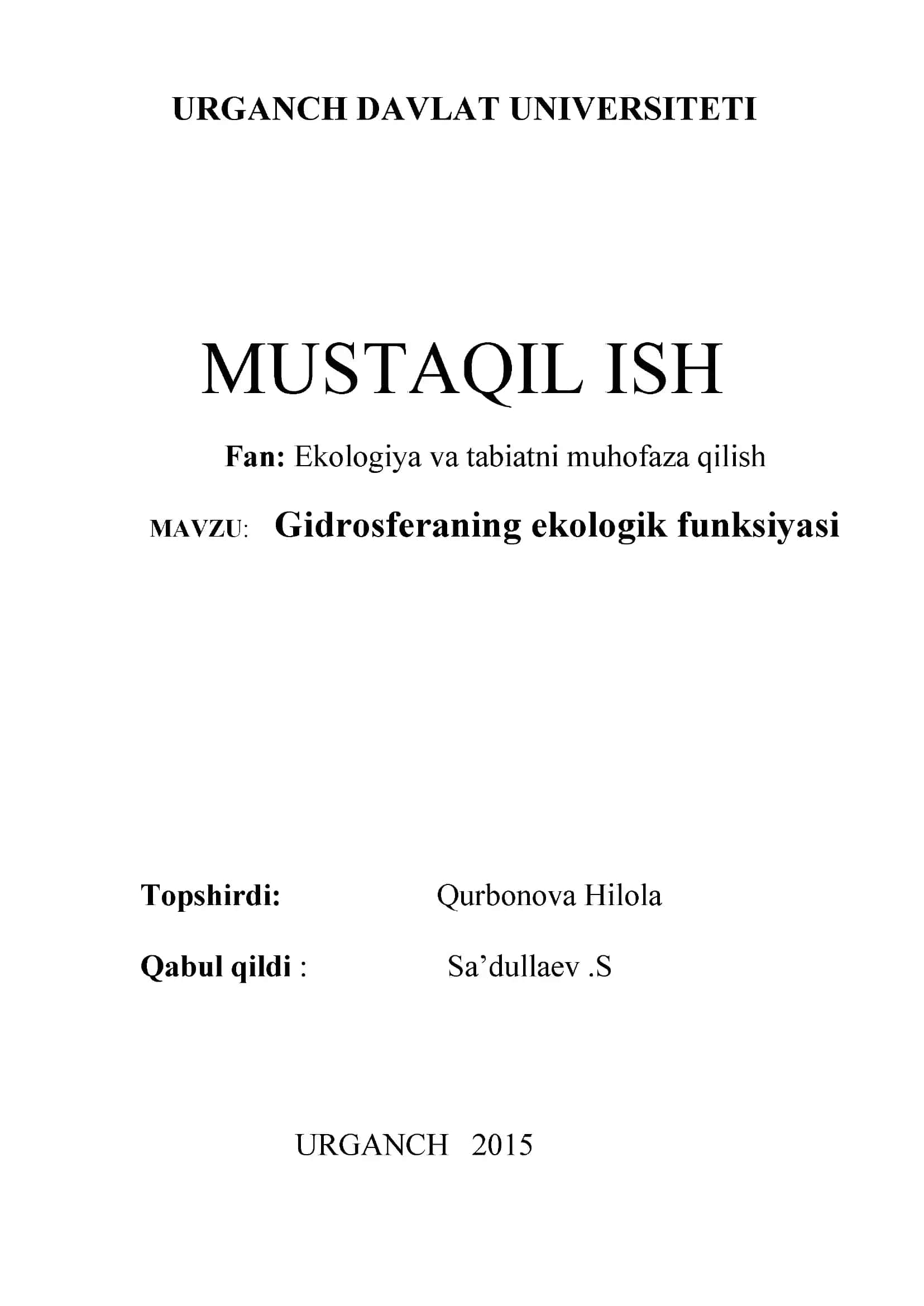 Gidrosferaning ekologik funksiyasi