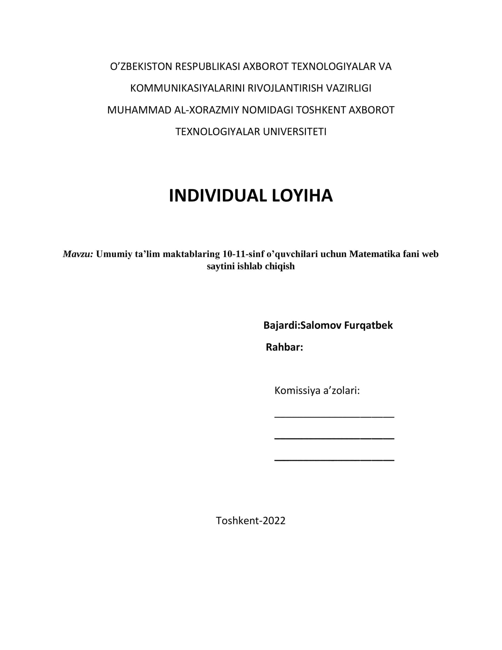 Umumiy ta’lim maktablaring 10-11-sinf o’quvchilari uchun Matematika fani web saytini ishlab chiqish
