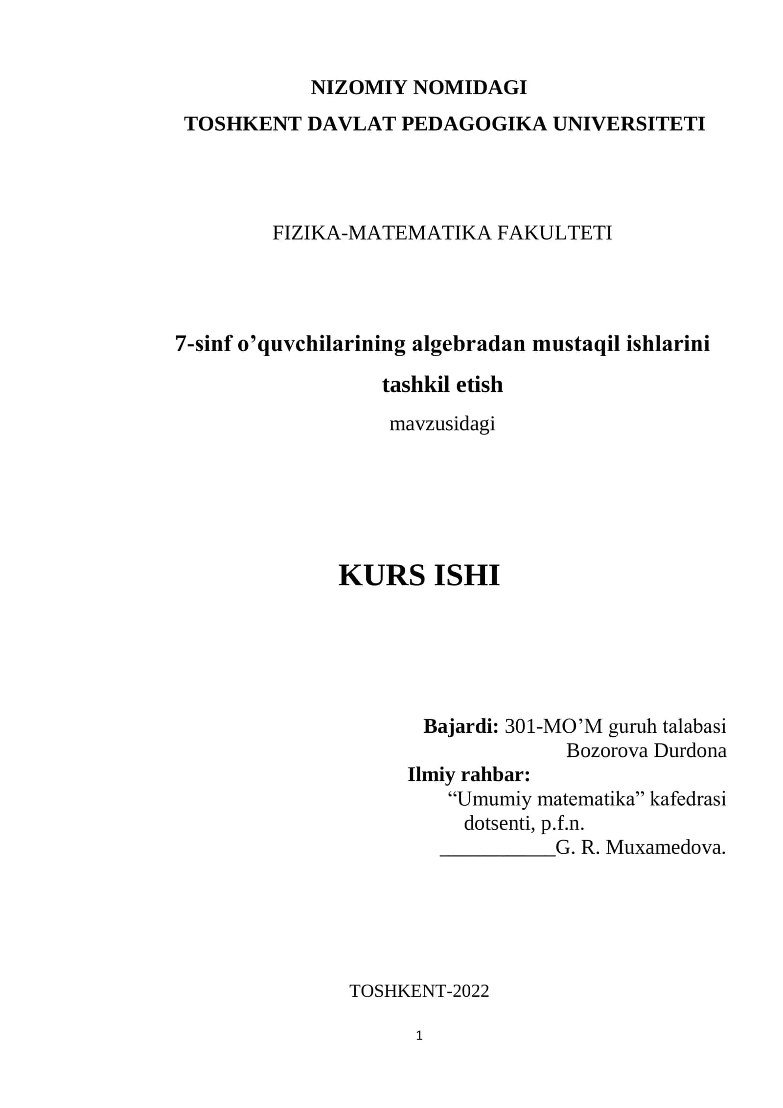 7-sinf o’quvchilarining algebradan mustaqil ishlarini tashkil etish