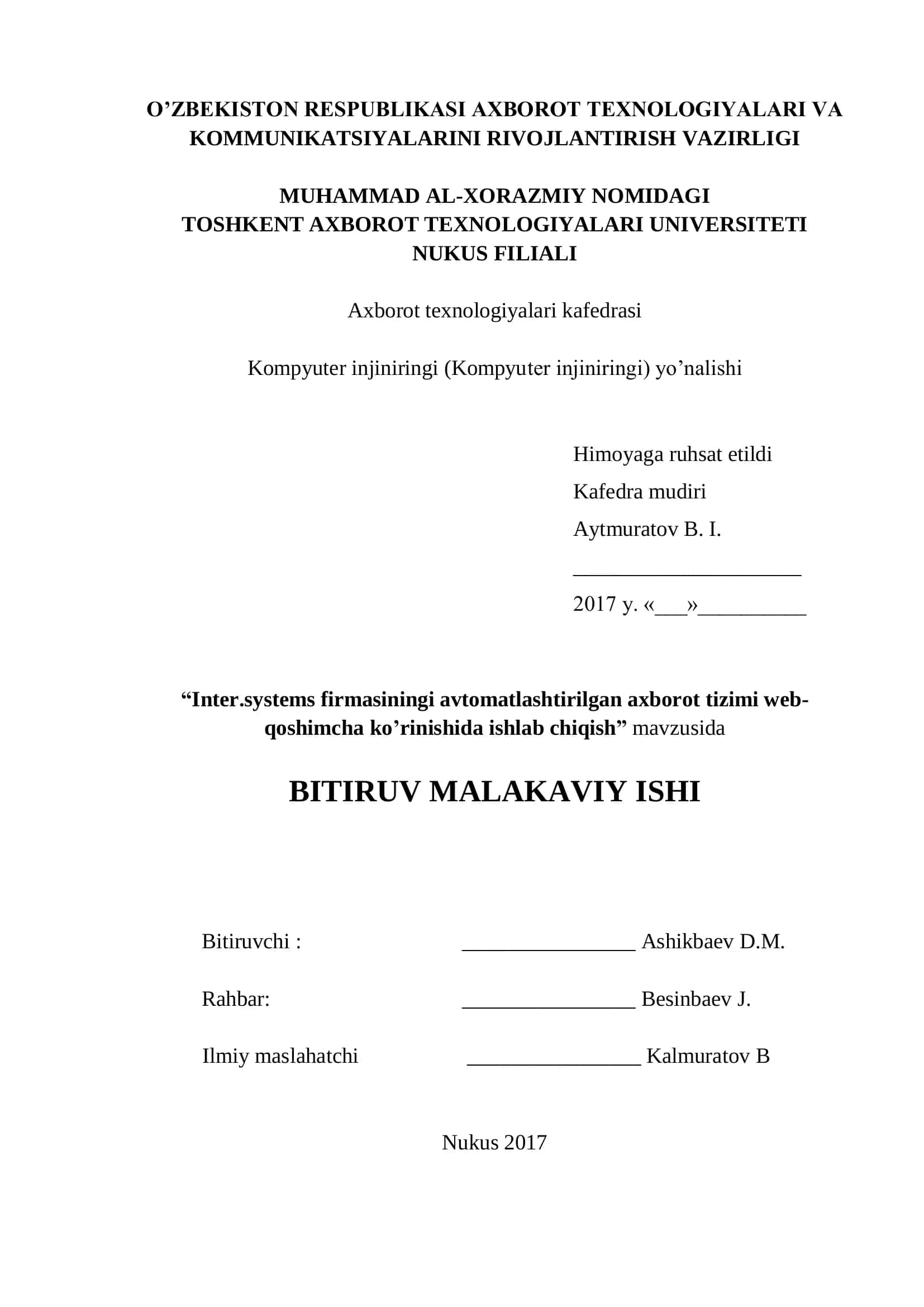 Avtomatlashtirilgan axborot tizimi web-qoshimcha ko’rinishida ishlab chiqish