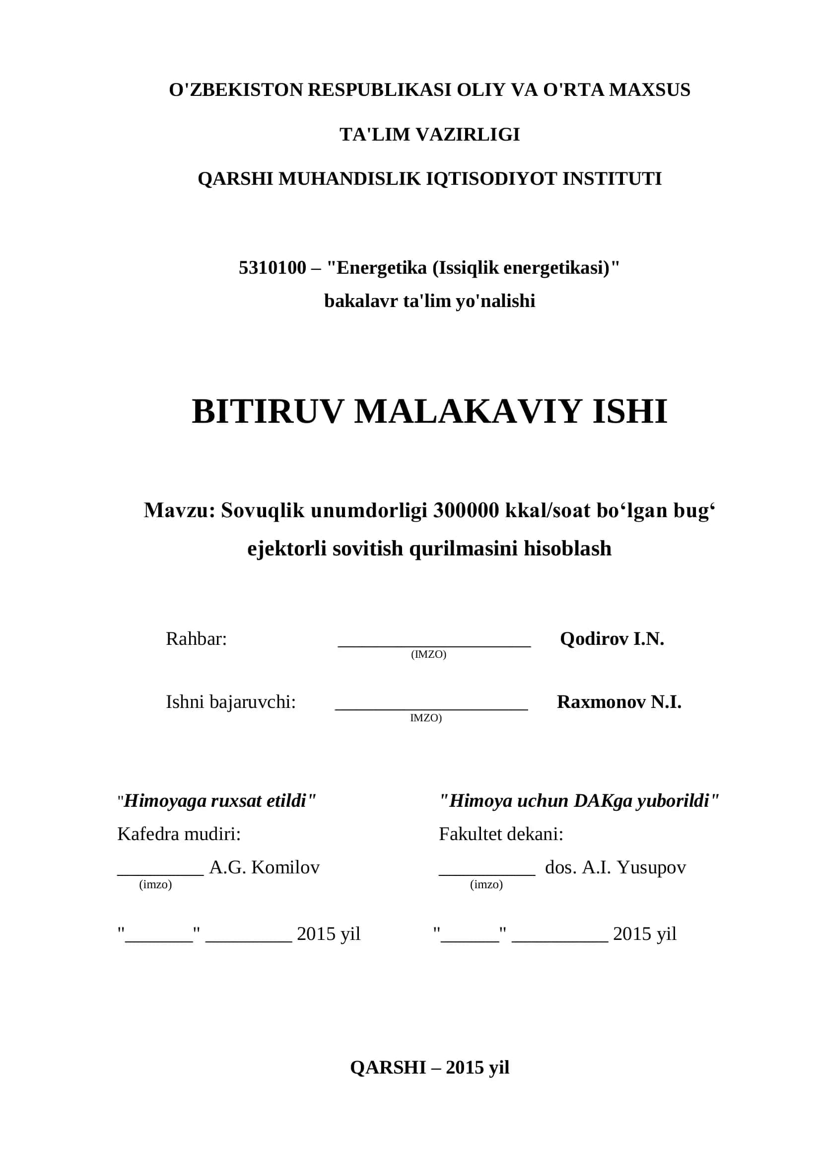 Sovuqlik unumdorligi 300000 kkal/soat bо‘lgan bug'
