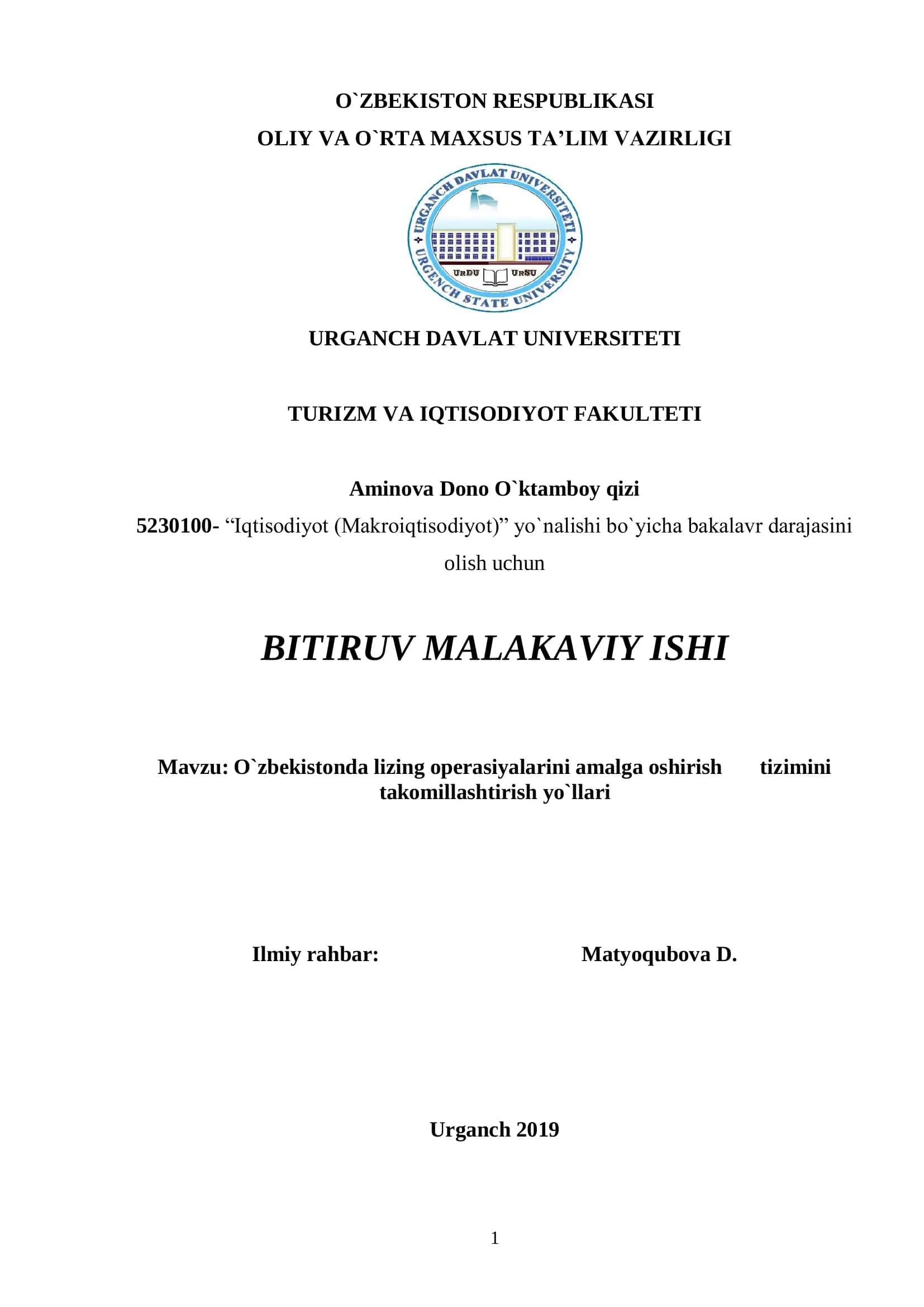 O`zbekistonda lizing operasiyalarini amalga oshirish tizimini takomillashtirish yo`llari