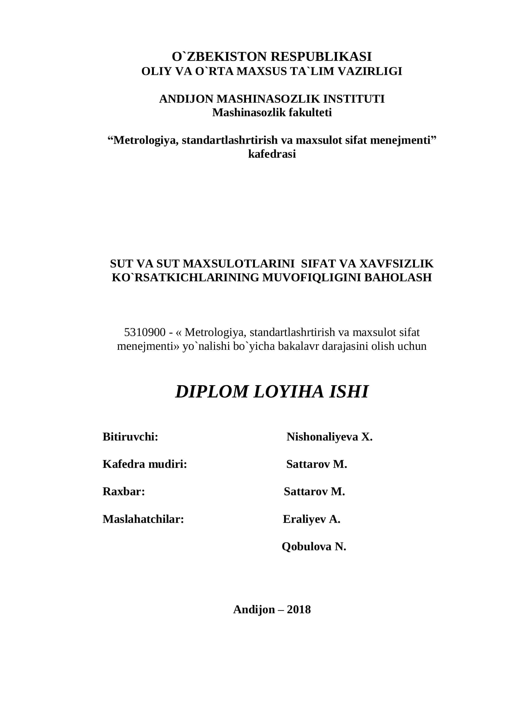 Metrologiya, standartlashrtirish va maxsulot sifat menejmenti