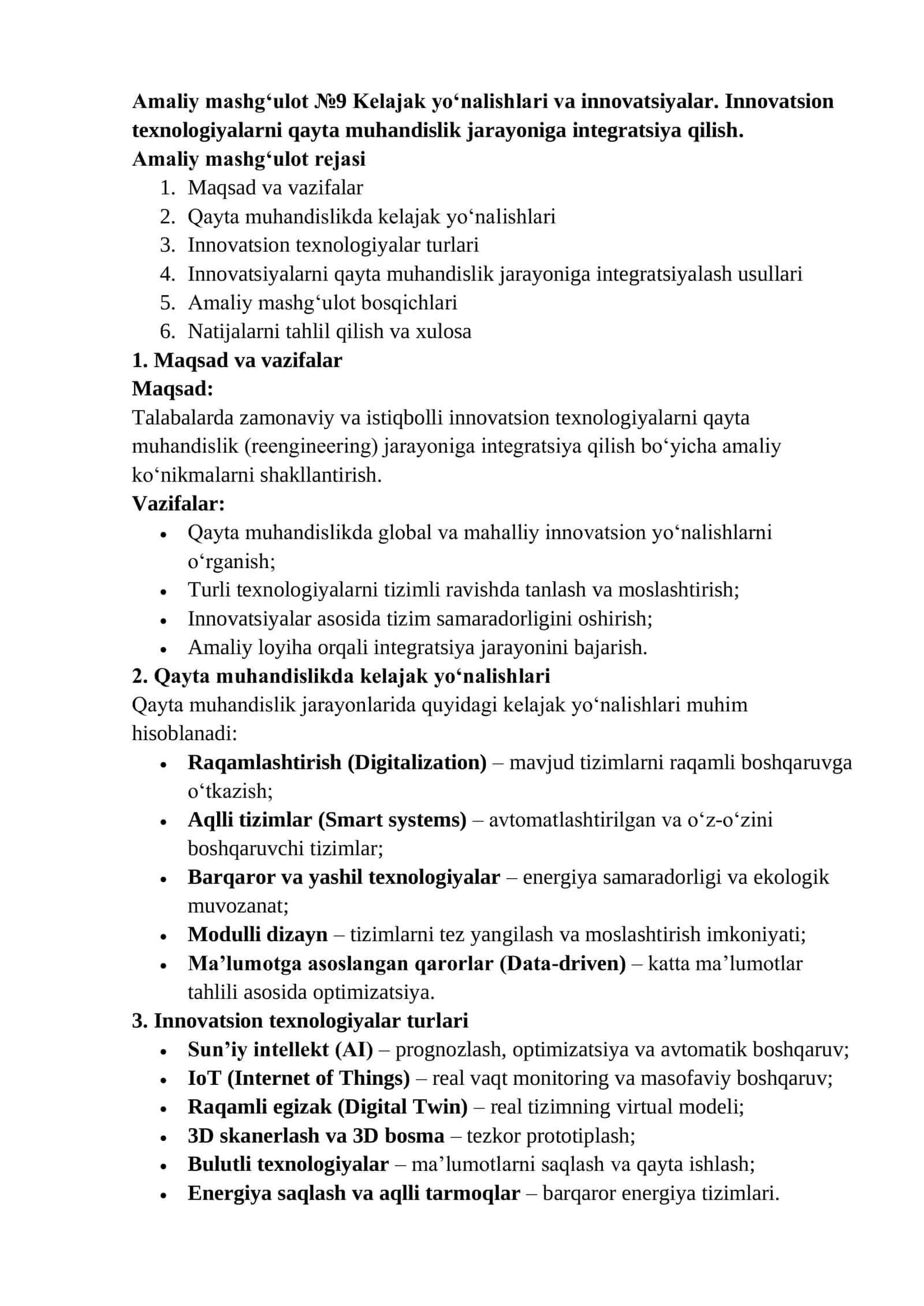Amaliy mashg‘ulot №9 Kelajak yo‘nalishlari va innovatsiyalar