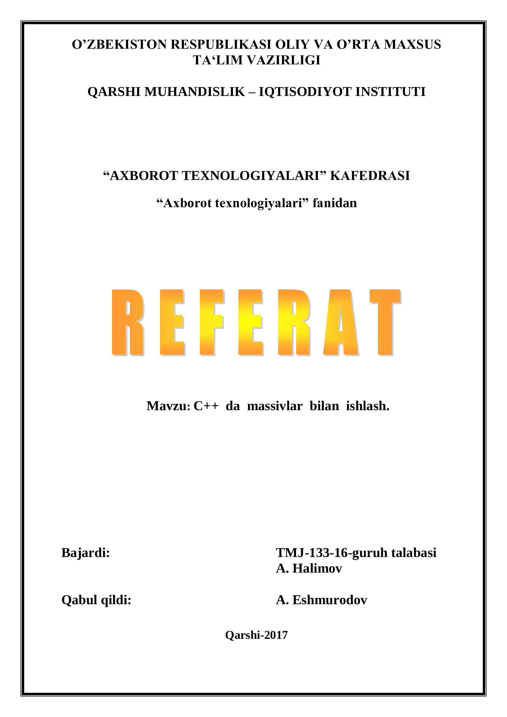 C++ da massivlar bilan ishlash