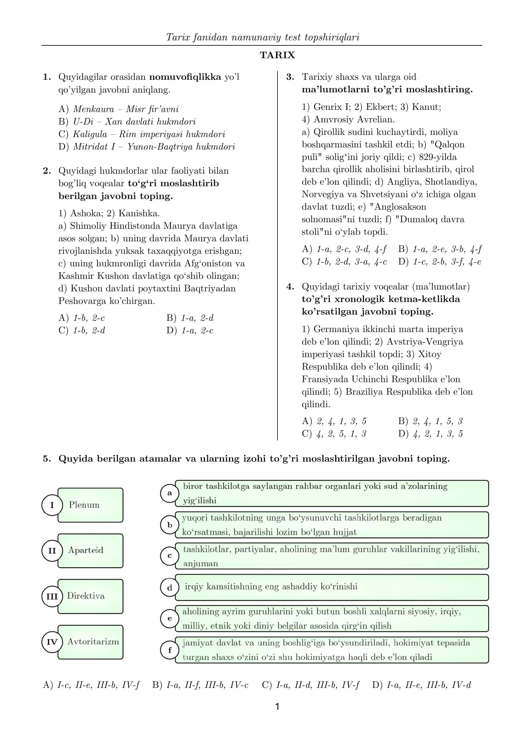 Tarix fanidan namunaviy test topshiriqlari