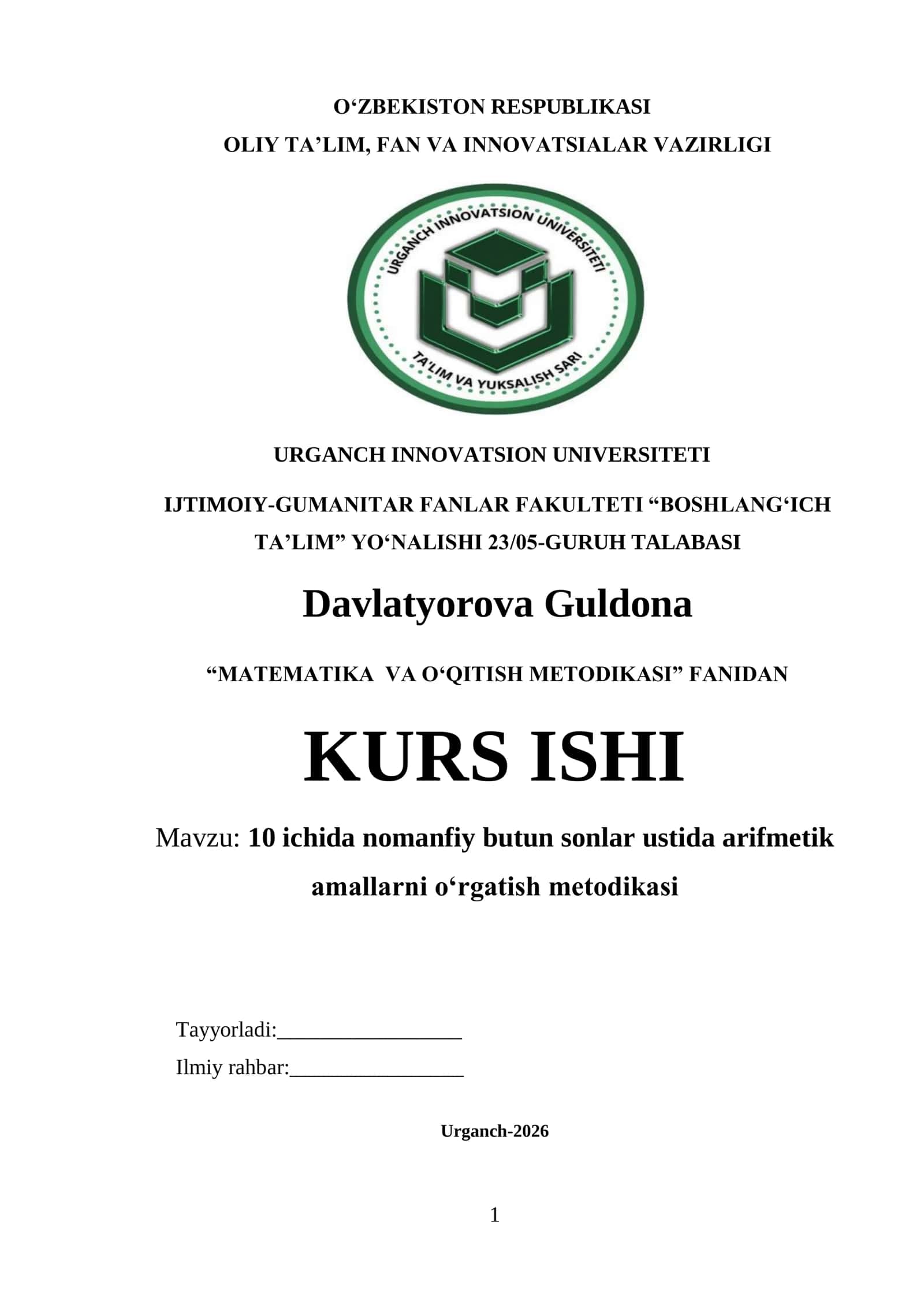 10 ichida nomanfiy butun sonlar ustida arifmetik amallarni o‘rgatish metodikasi