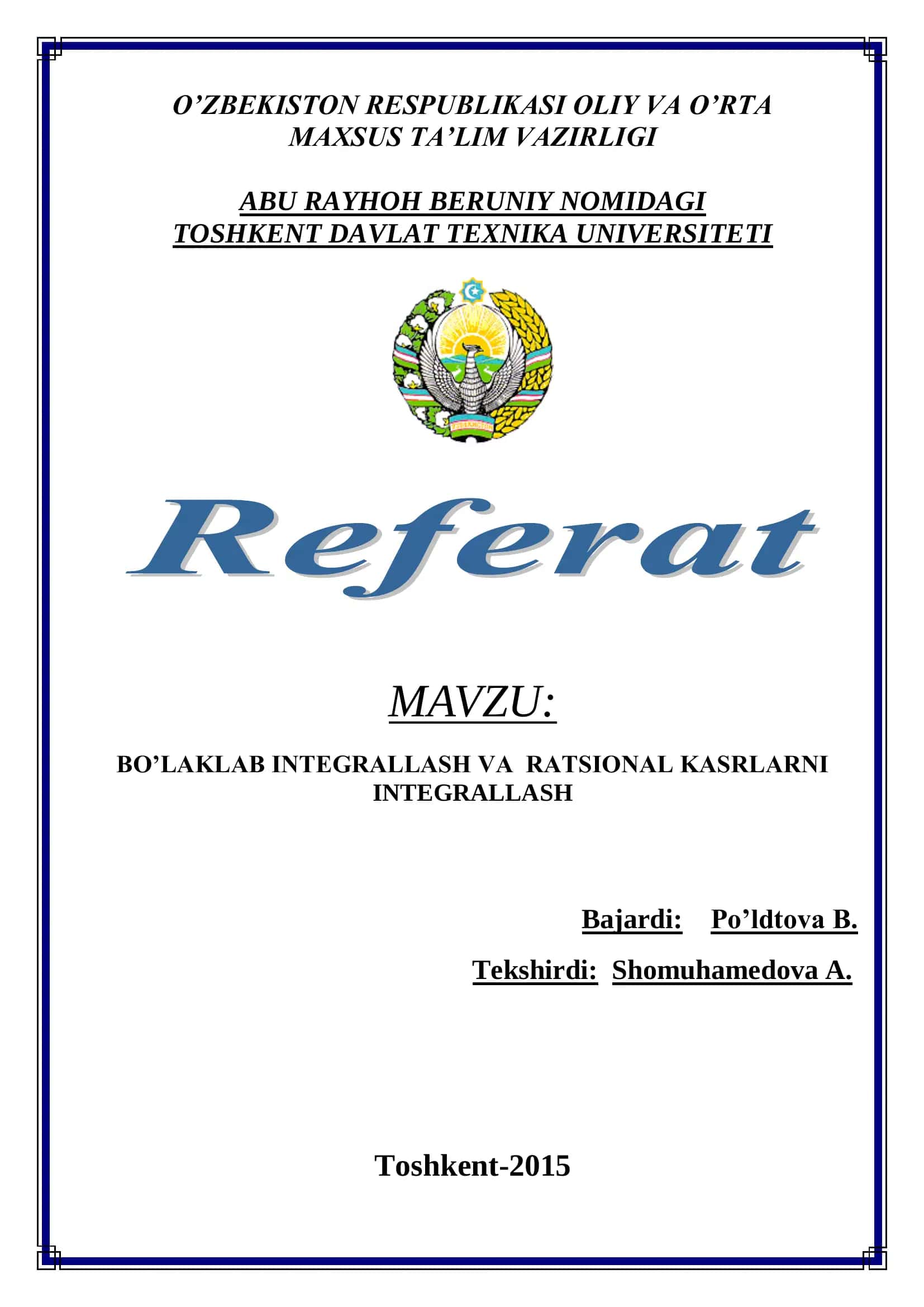 BO’LAKLAB INTEGRALLASH VA RATSIONAL KASRLARNI INTEGRALLASH