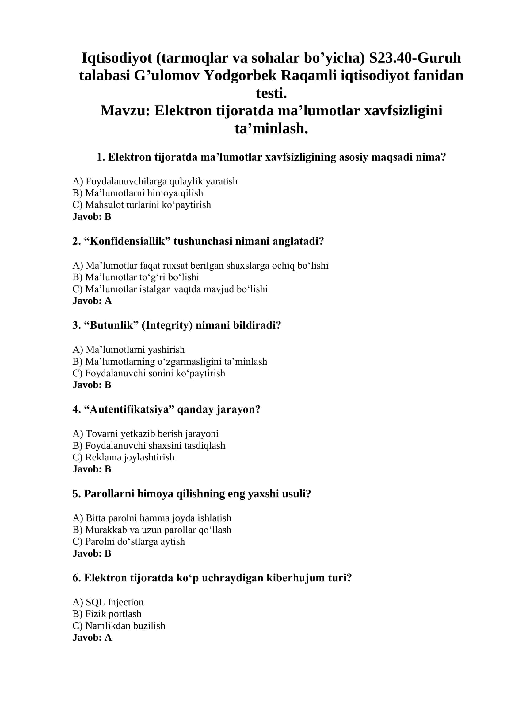 Raqamli iqtisodiyot fanidan testi