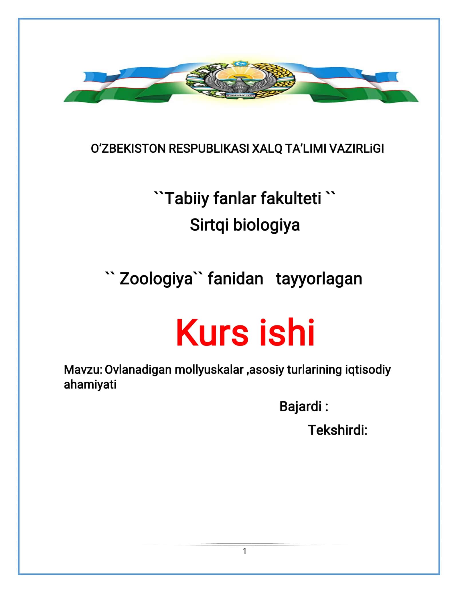 Zoologiya`` fanidan tayyorlagan Kurs ishi