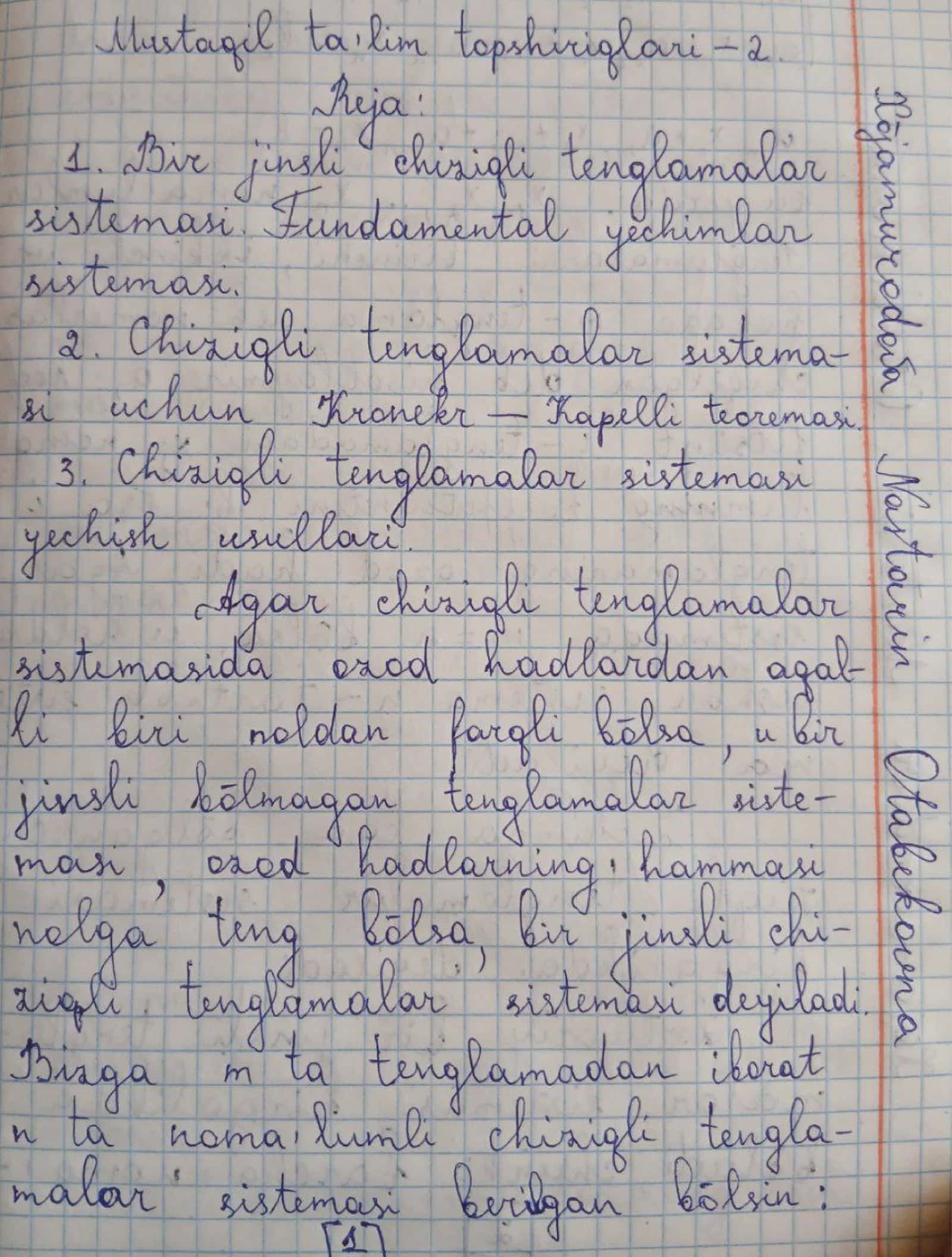 Chiziqli algebra va analitik geometriya: Mustaqil ish namunasi
