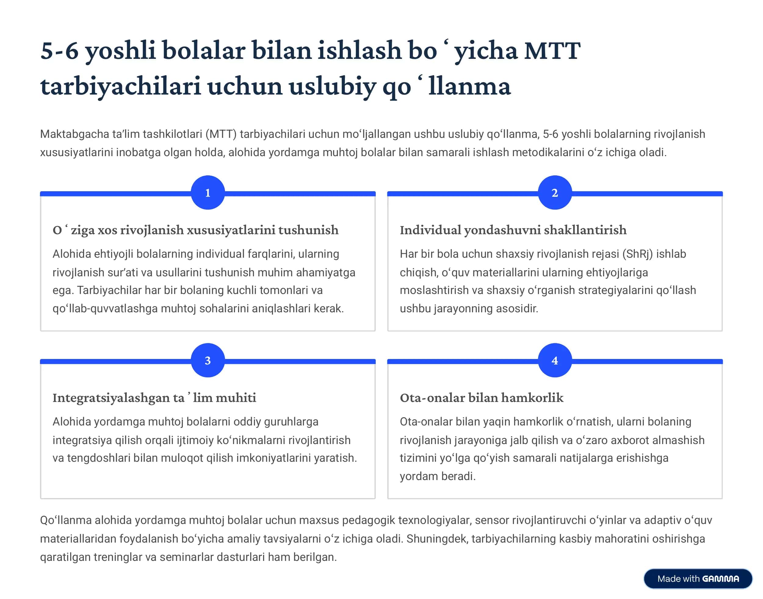 5-6 yoshli bolalar bilan ishlash boʻyicha MTT tarbiyachilari uchun uslubiy qoʻllanma