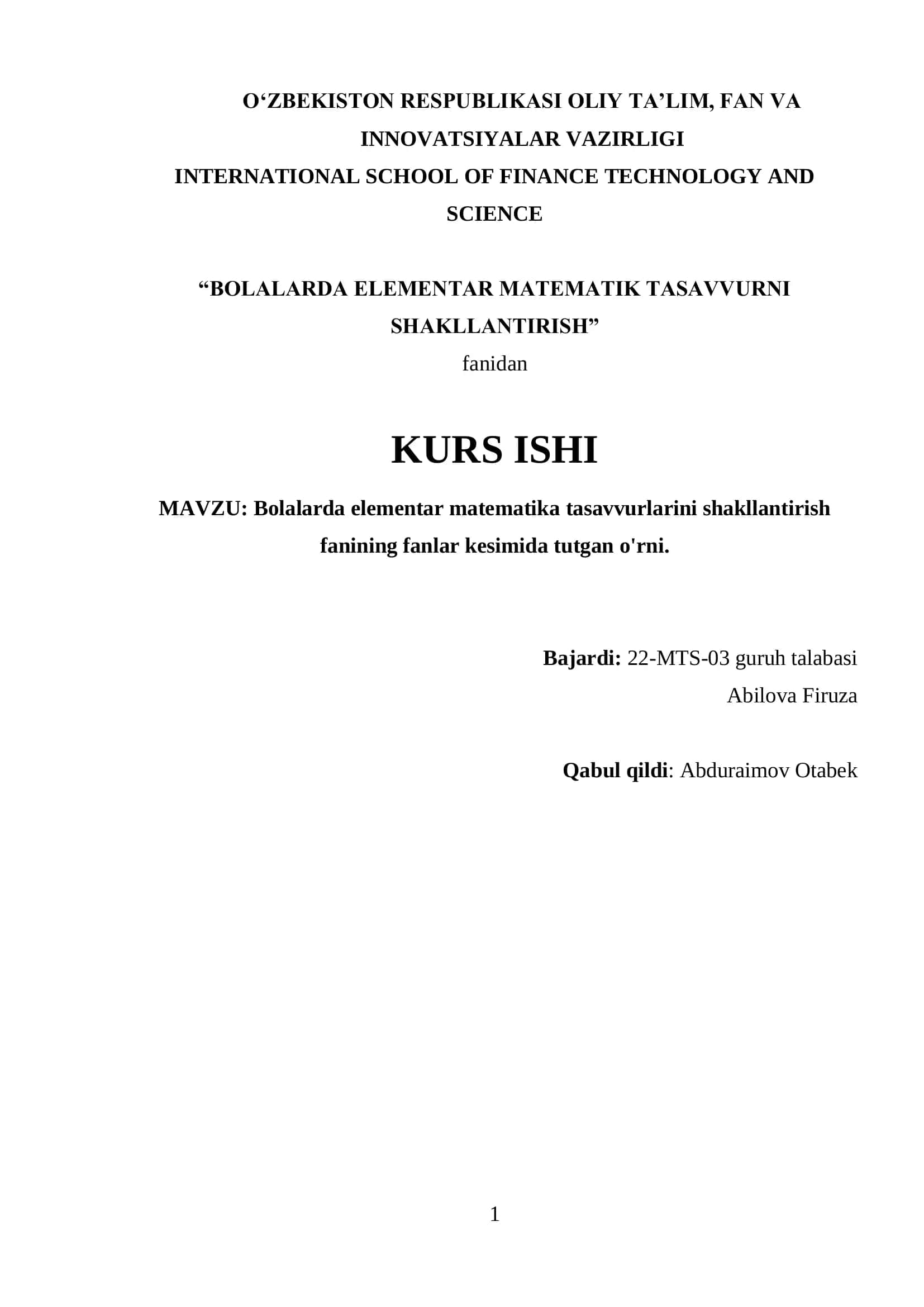 Bolalarda elementar matematika tasavvurlarini shakllantirish