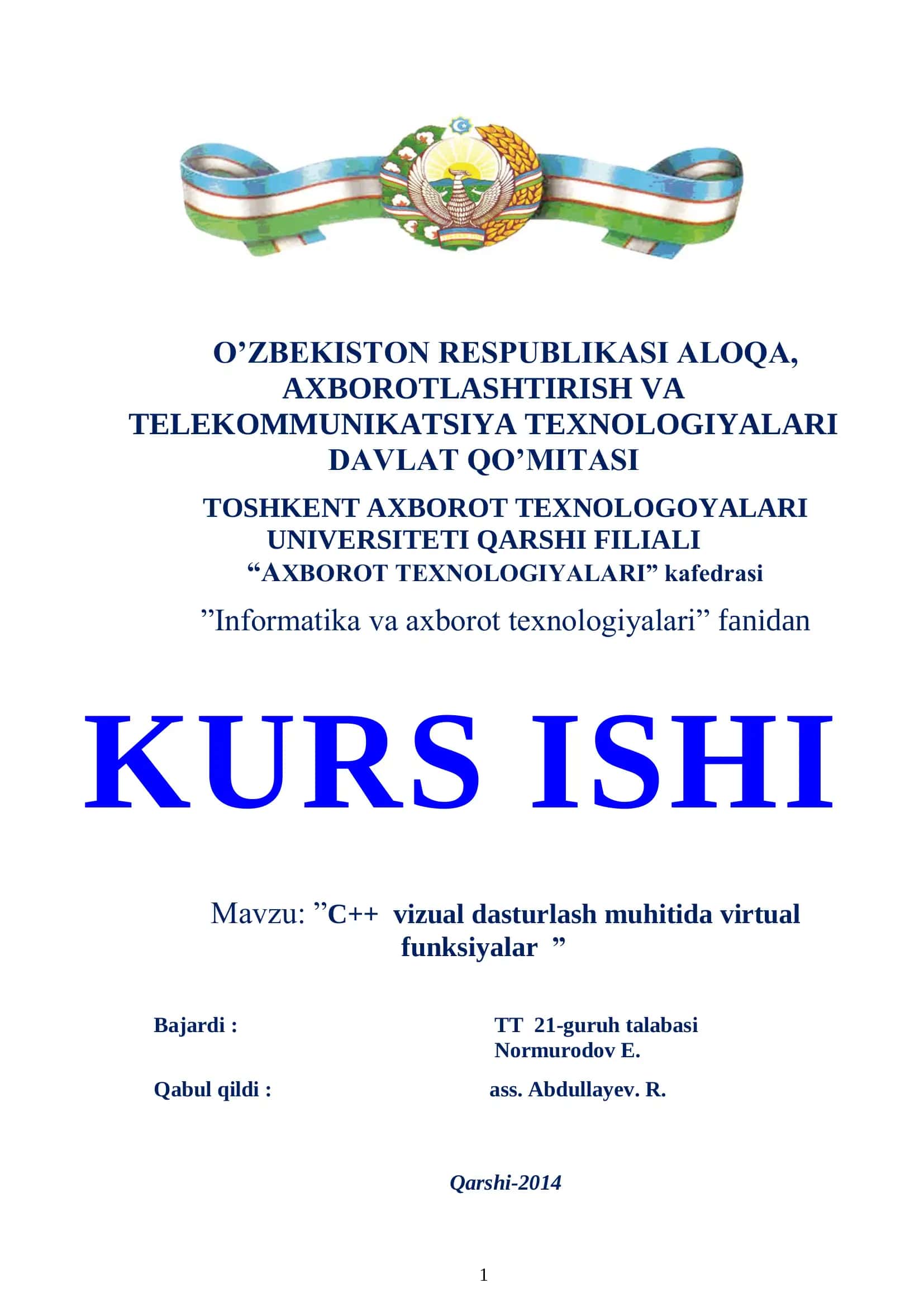 ”C++ vizual dasturlash muhitida virtual funksiyalar”