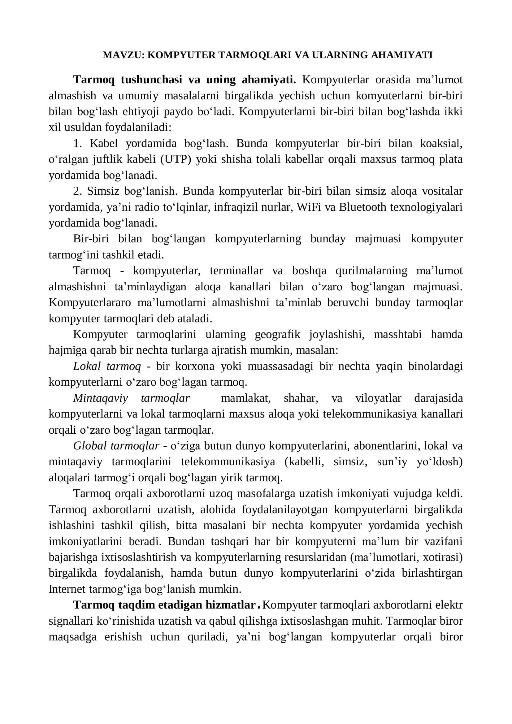 KOMPYUTER TARMOQLARI VA ULARNING AHAMIYATI