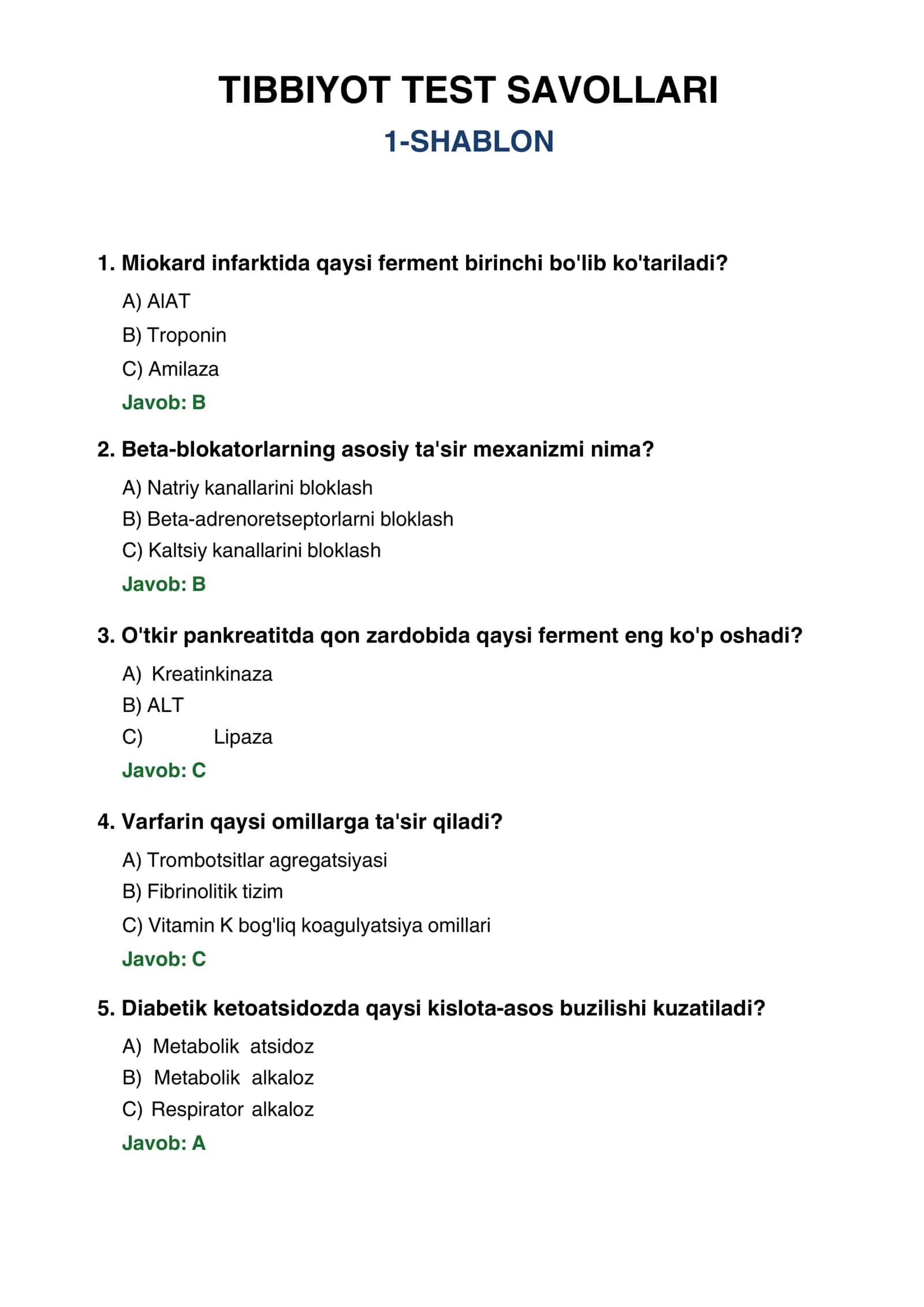 tibbiyot test savollari