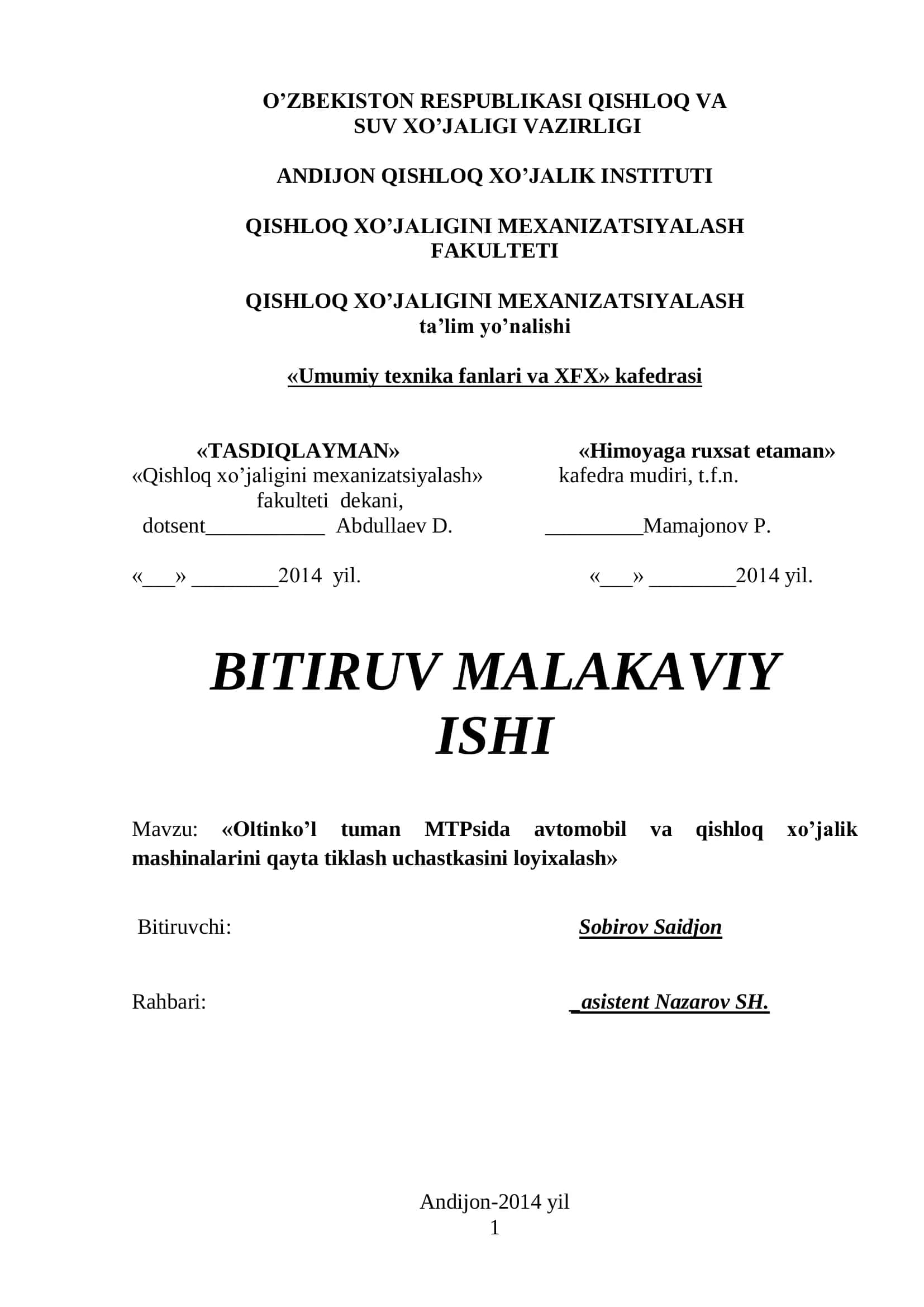 Oltinko’l tuman MTPsida avtomobil va qishloq xo’jalik mashinalarini qayta tiklash uchastkasini loyixalash