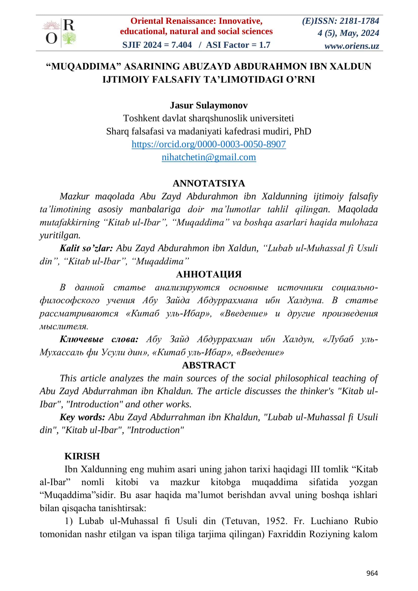 Abu Zayd Abdurahmon ibn Xaldun ijtimoiy ta'limotining asosiy manbalariga doir ma'lumotlar tahlili
