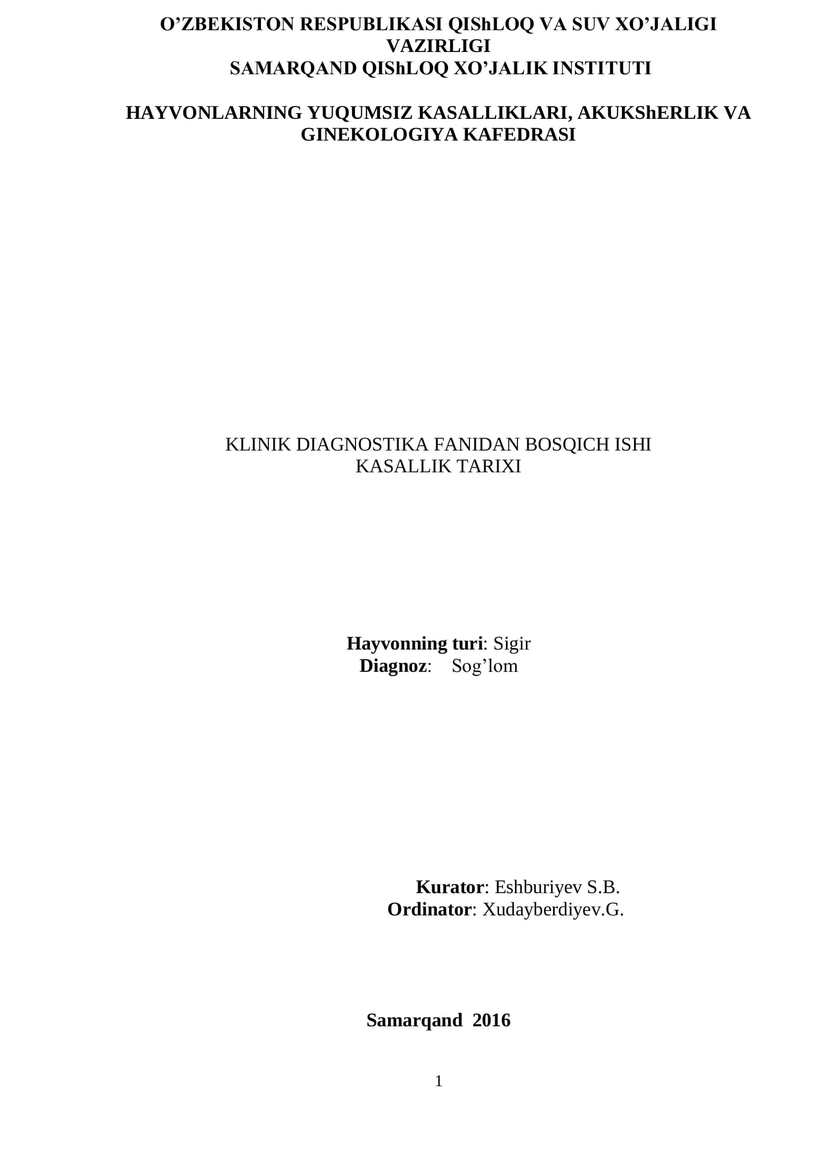 KLINIK DIAGNOSTIKA FANIDAN BOSQICH ISHI