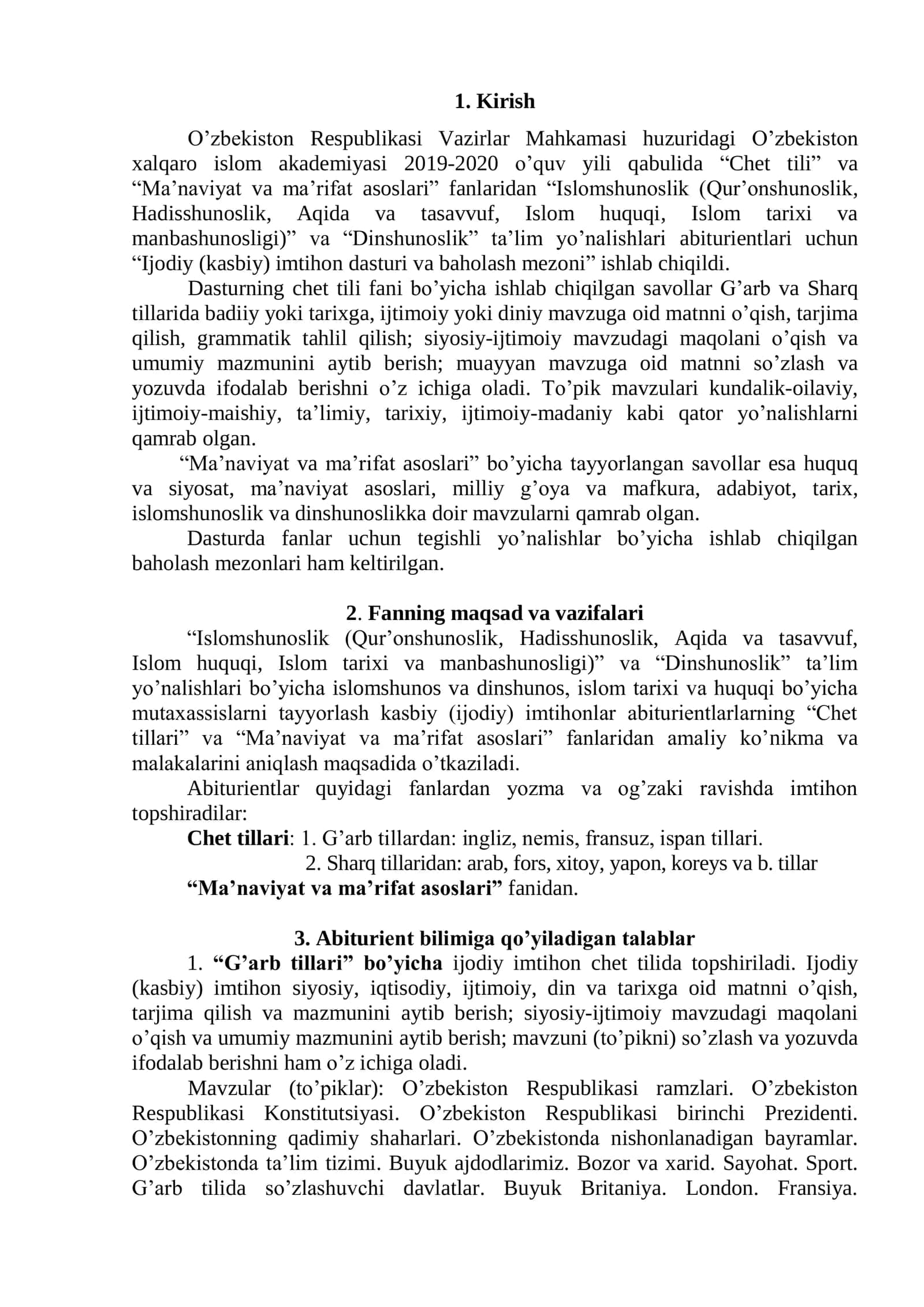 “Ijodiy (kasbiy) imtihon dasturi va baholash mezoni”