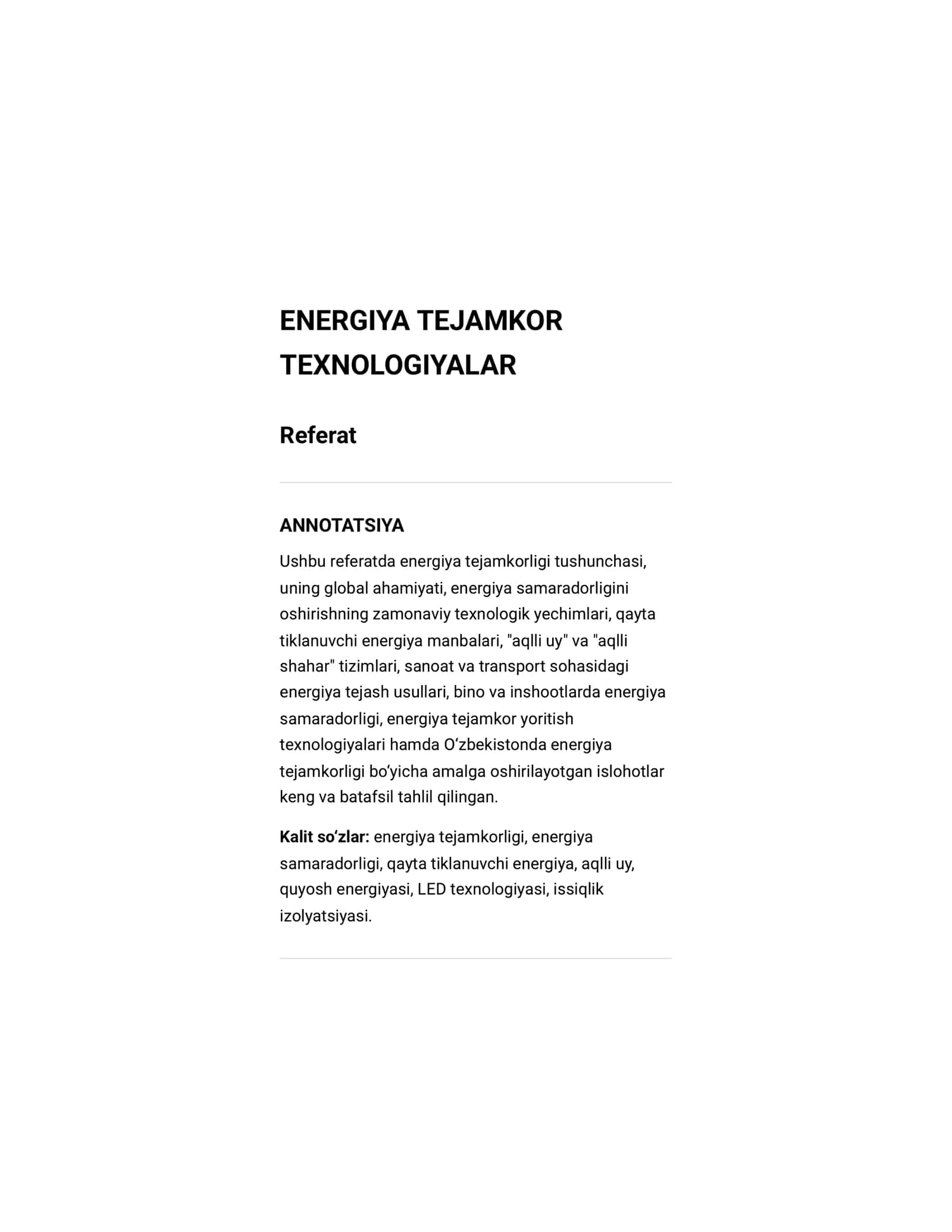 Referat energiya tejamkor texnologiyalar