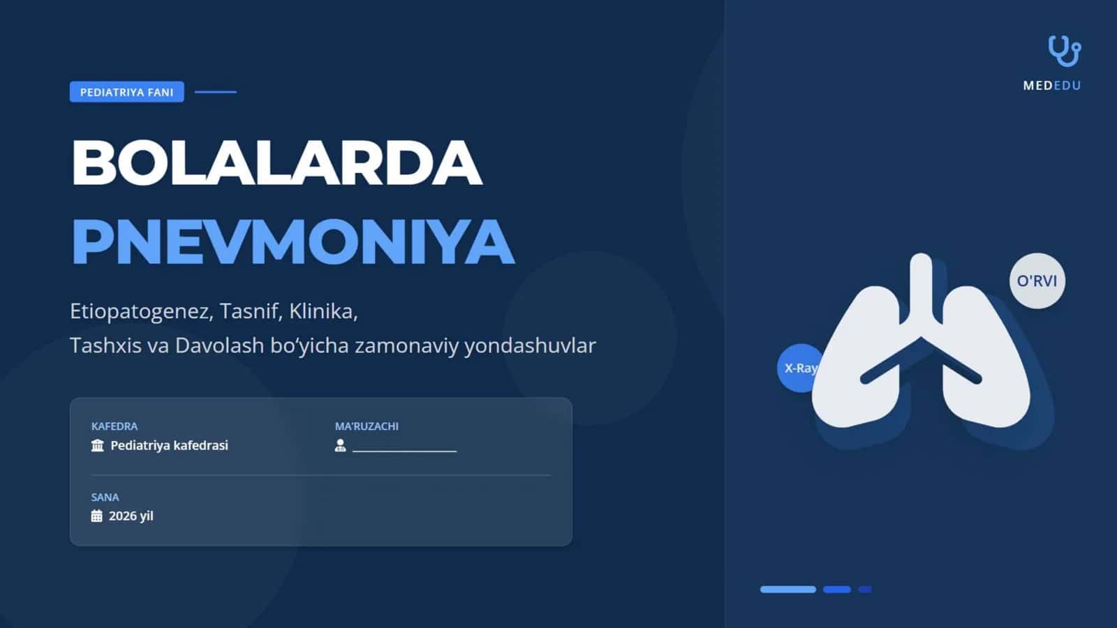 Bolalarda pnevmoniyalarning etiopatogenezi, tasnifi. Klinik belgilari. Tashxisot mezonlari. Qiyosiy tashxis. Davosi. Profilaktikasi.