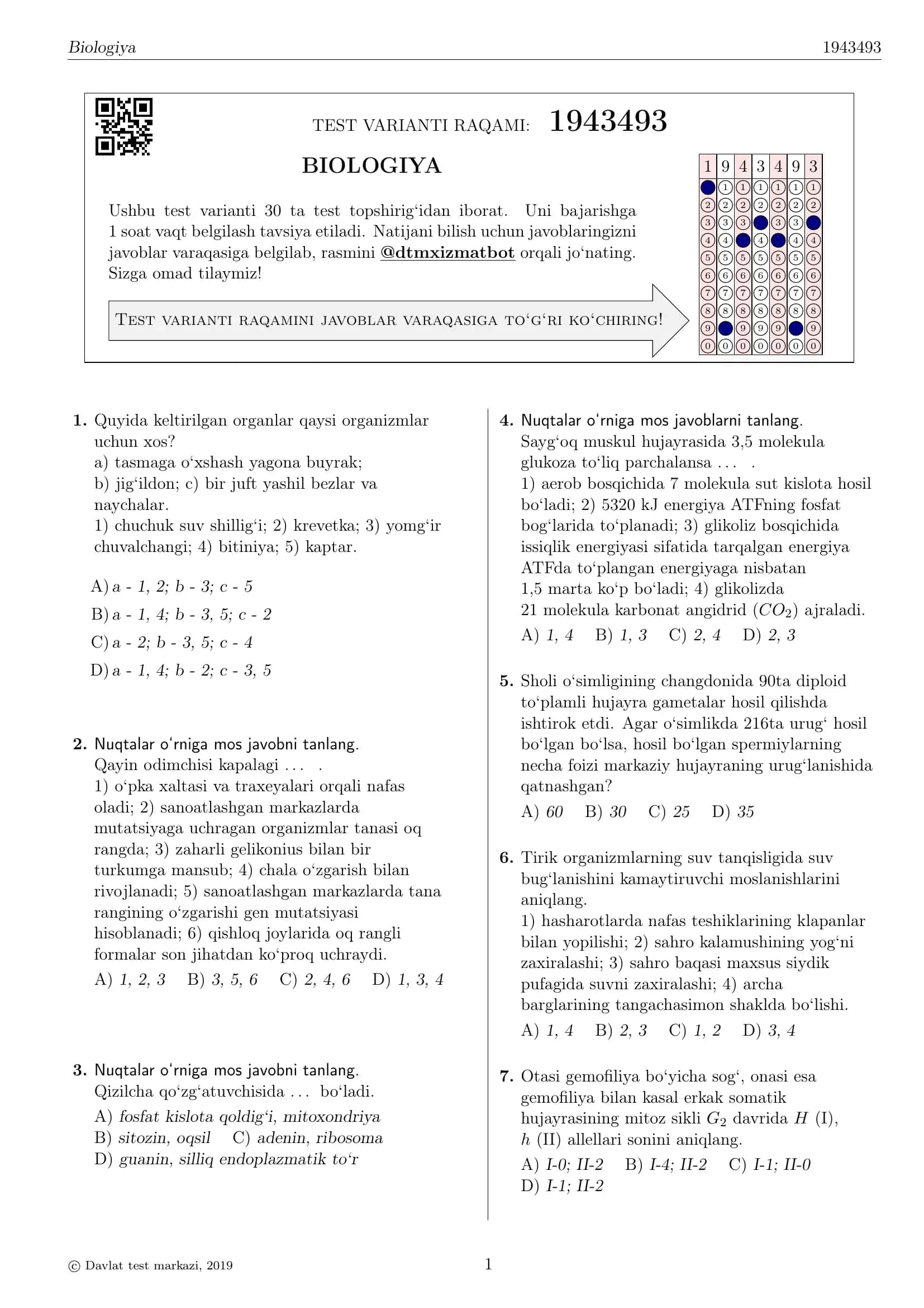 BIOLOGIYA TEST VARIANTI RAQAMI: 1943493