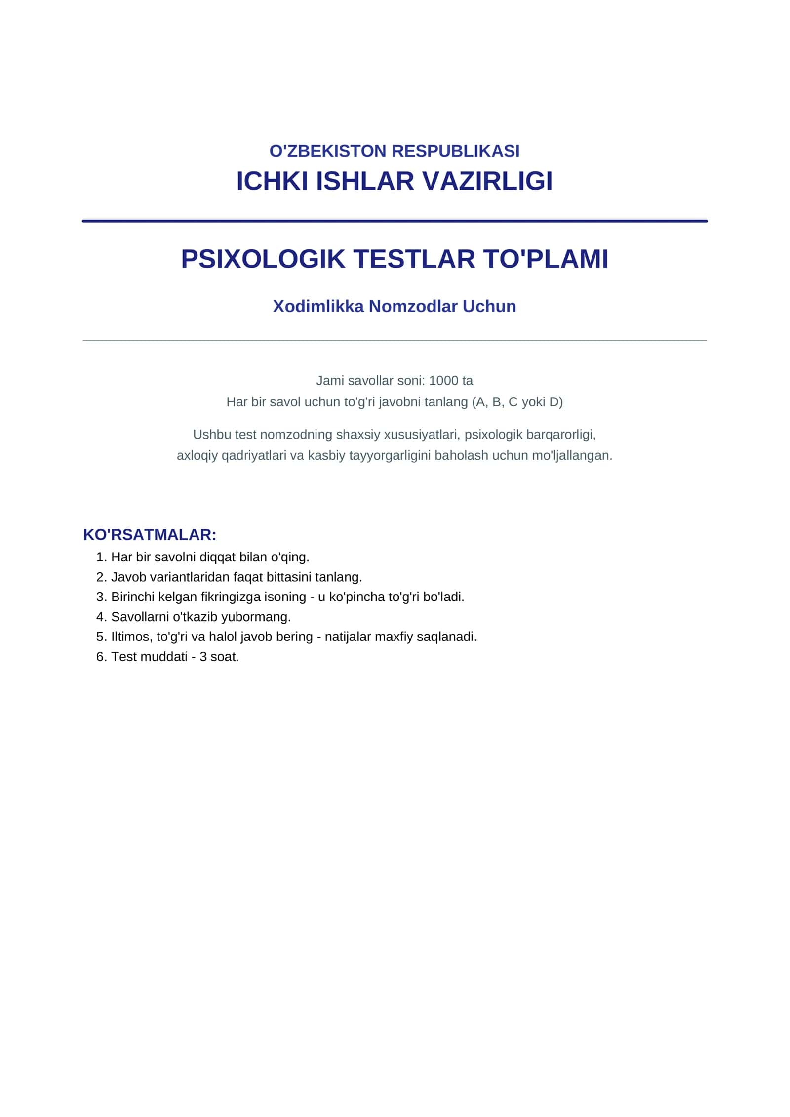 Ichki ishlarga kirishmoqchi bo'lganlar uchun 1000 ta psixologik test savol javoblari