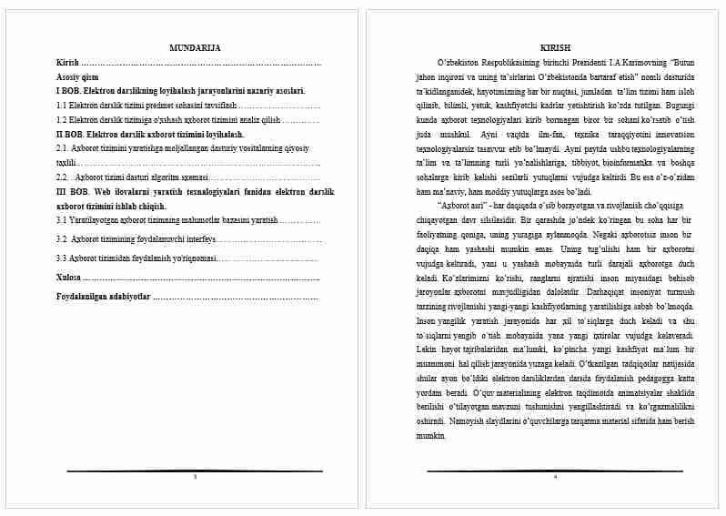 Web ilovalarni yaratish texnalogiyalari fanidan elektron darslik axborot tizimini ishlab chiqish