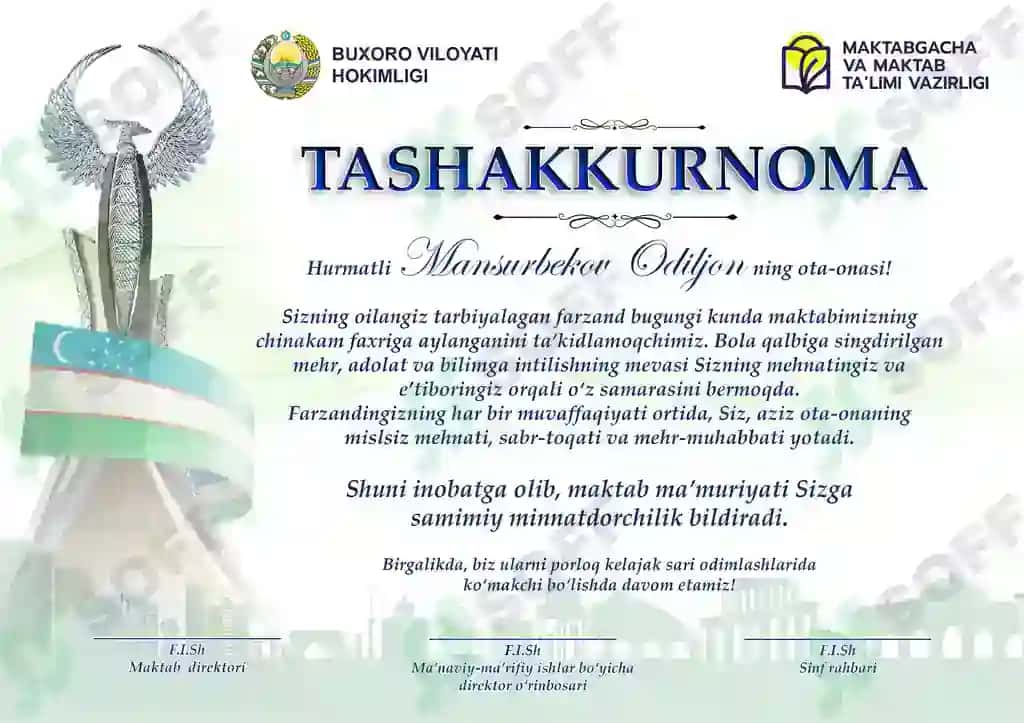 Tashakkurnoma shablon
