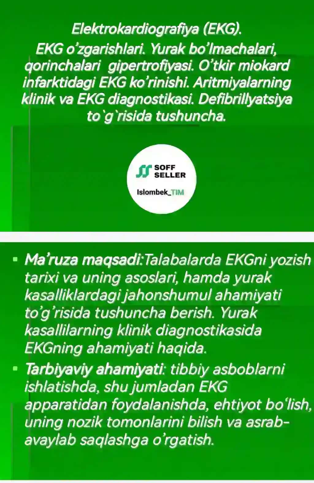 Elektrokardiografiya (EKG).  EKG o’zgarishlari. Yurak bo’lmachalari, qorinchalari  gipertrofiyasi. O’tkir miokard infarktidagi EKG ko’rinishi. Aritmiyalarning klinik va EKG diagnostikasi. Defibrillyatsiya to`g`risida tushuncha.
