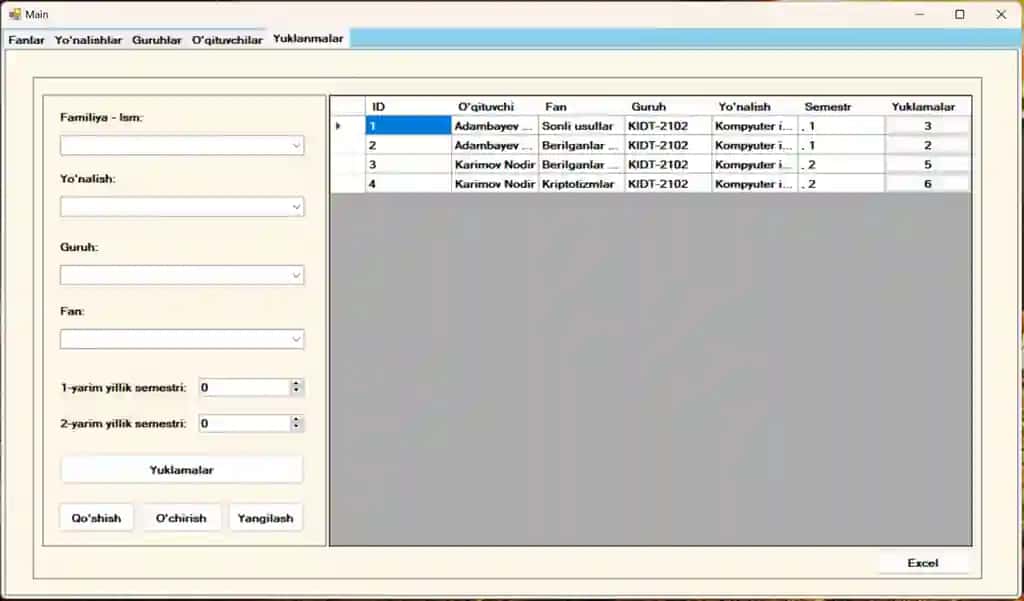 C# dasturlash tilida (Winform) universitet o'qituvchilariga yuklamalarni belgilash dasturi (Desktop ilova)