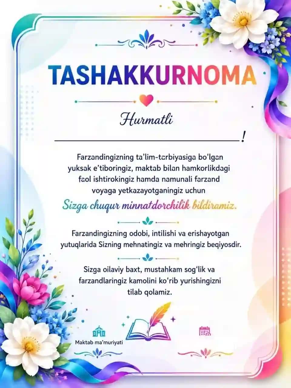 Tashakkurnoma, diplom, maqtov yorliq.