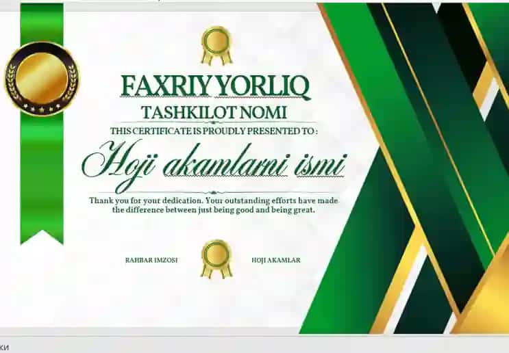 Faxriy yorliq shablon tayyori