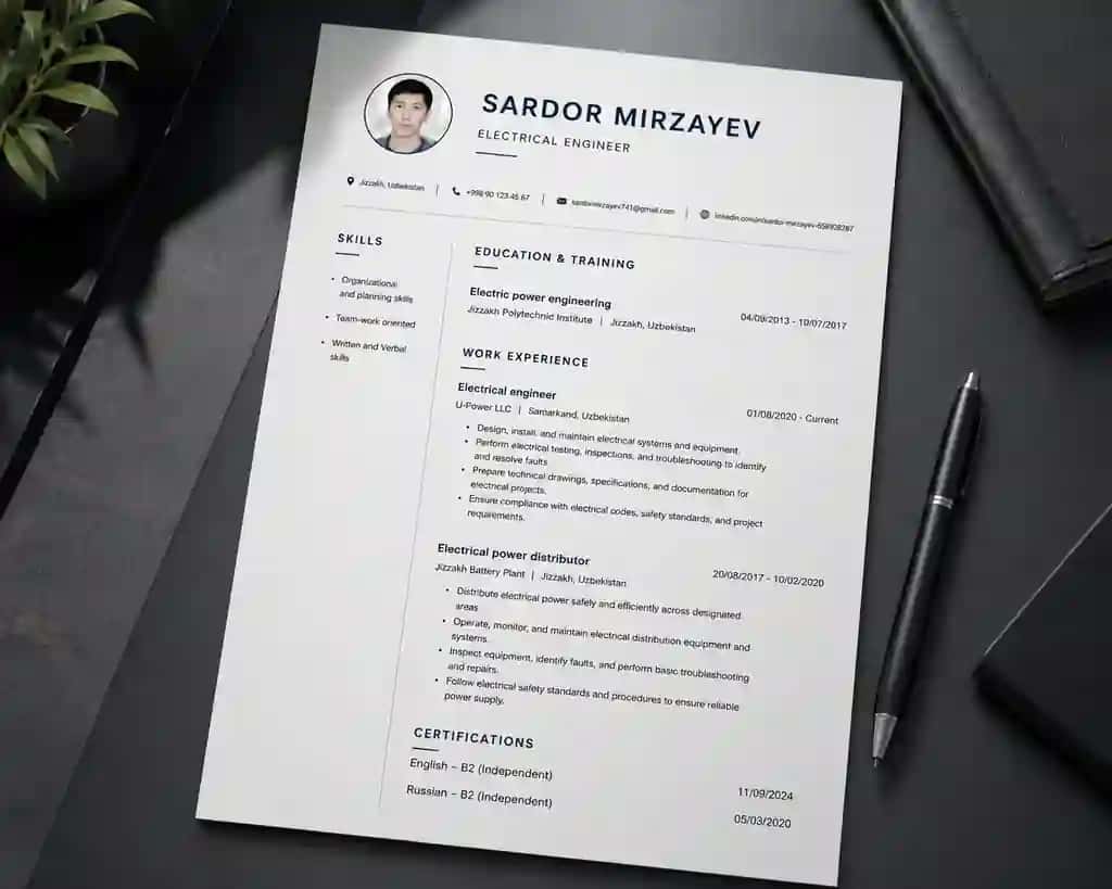 Yevropa standarti bo'yicha tayyor Europass CV / Rezyume shabloni (MS Word + Qo'llanma)