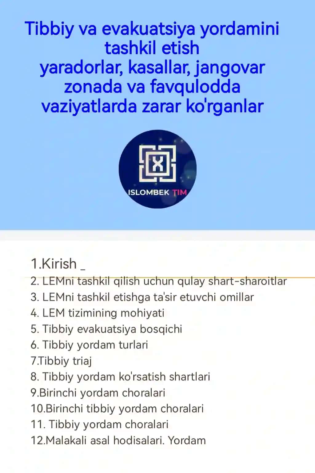 Tibbiy va evakuatsiya yordamini tashkil etish yaradorlar, kasallar, jangovar zonada va favqulodda vaziyatlarda zarar ko'rganlar