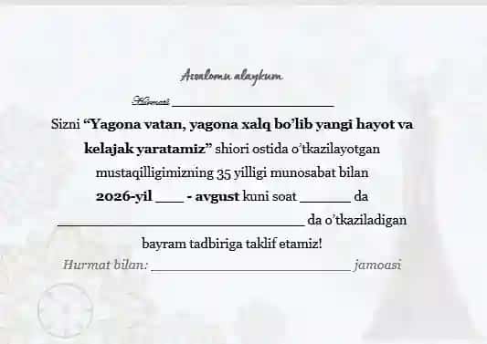 Taklifnoma Mustaqilligimizning 35 yilligi tadbiriga