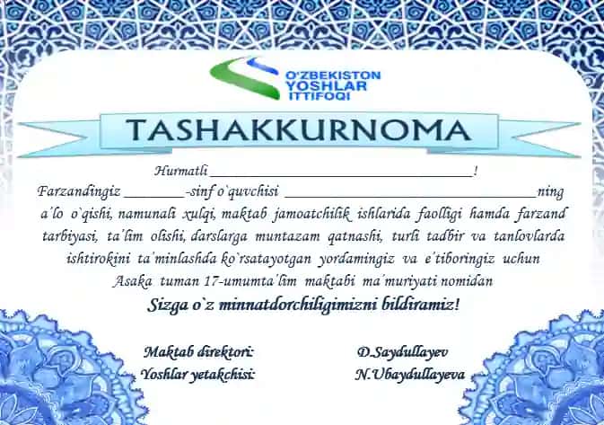 Tashakkurnoma Ota-onalarga jo'natish uchun