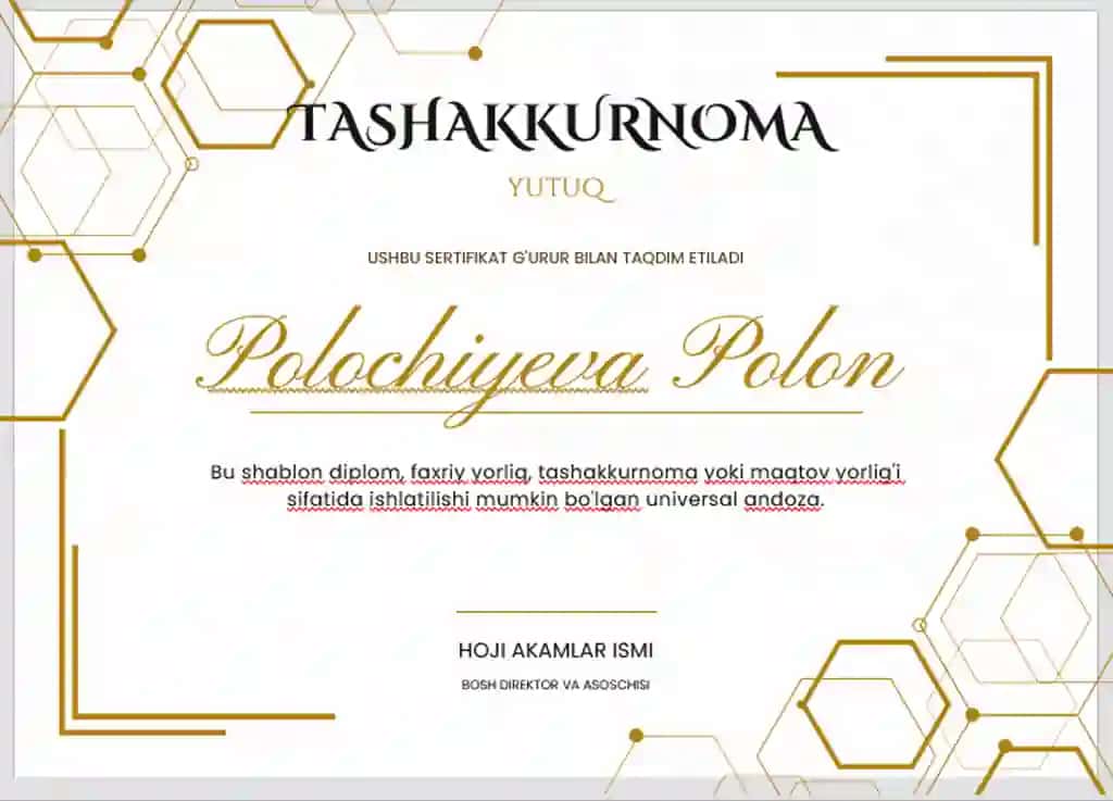 TASHAKKURNOMA shablon tayyor andoza