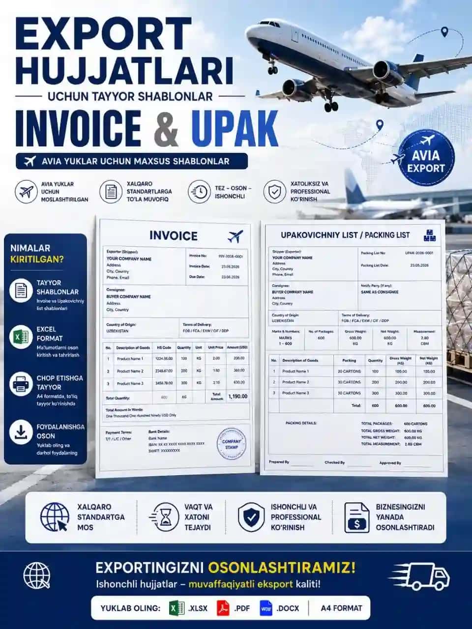 Deklarant uchun INVOISE va UPAK / PACKING LIST AVIA uchun word shablon